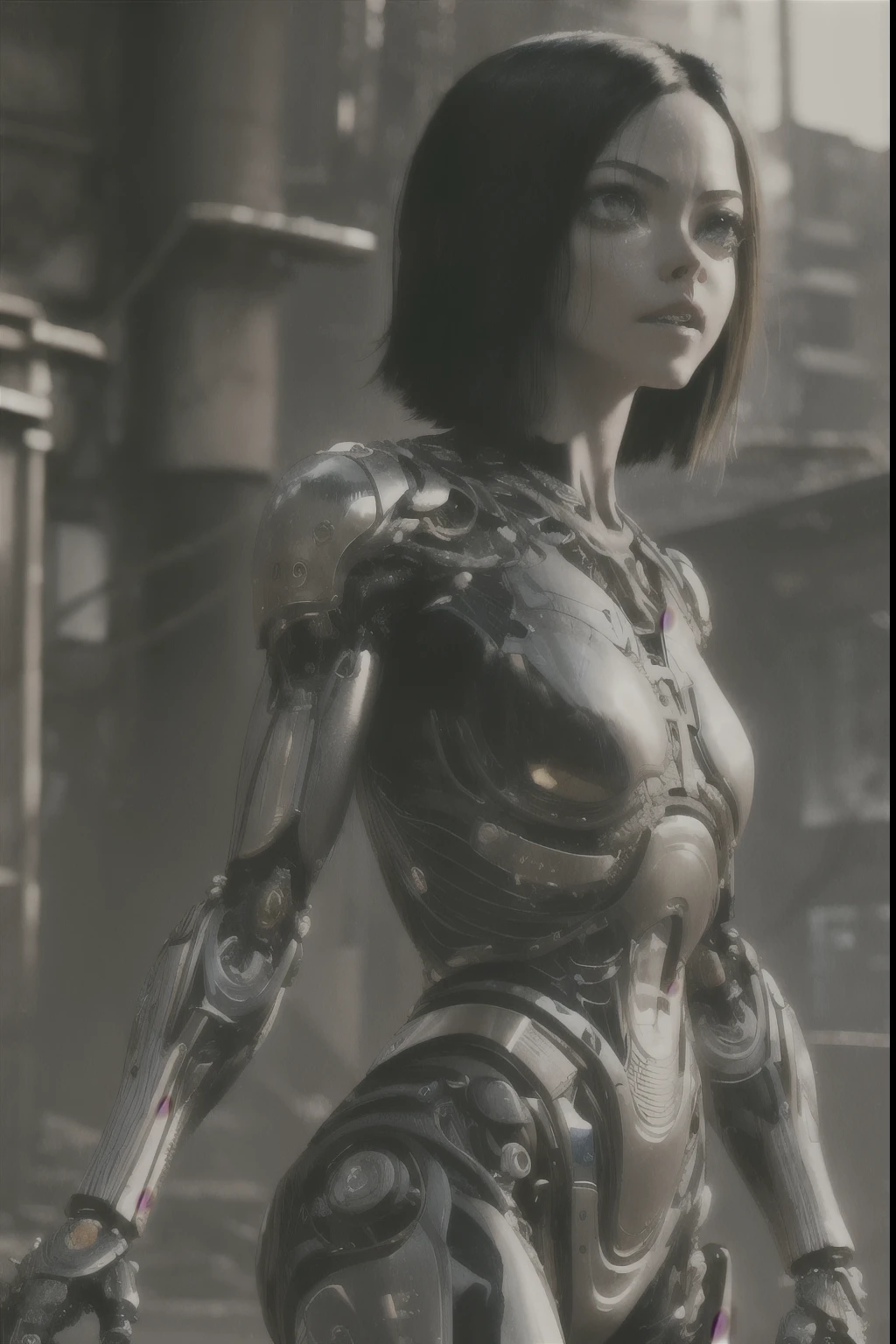  Alita: Battle Angel, (Cyborg Girl:1.2), Sci-Fi, Cyberpunk UHD, HDR, 16k, ((masterpiece)), Alita Woman, sharp, beautiful, full body, looking forward, (looking forward)