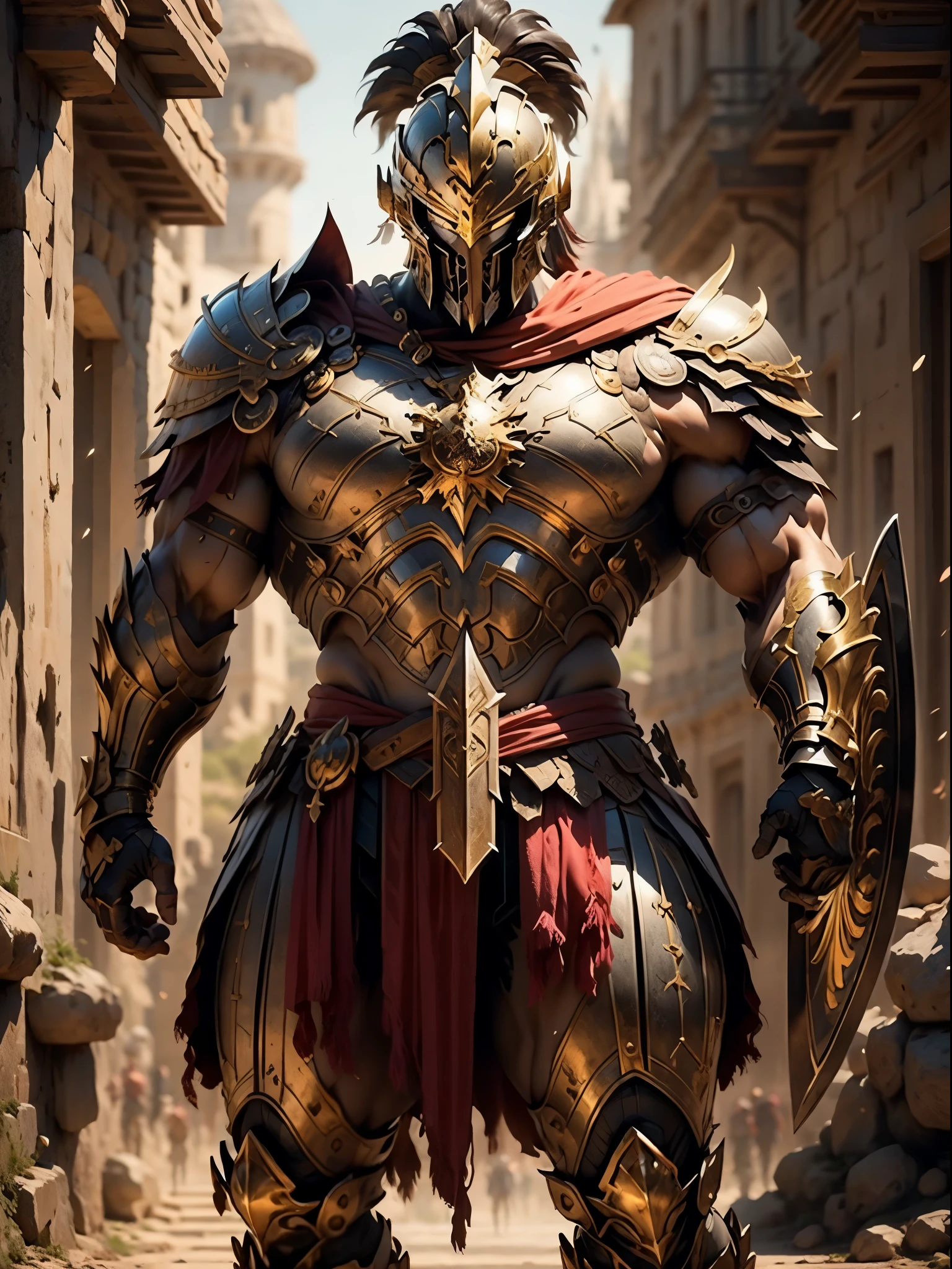 beautiful warrior in golden Greek armor, jet black hair, Hoplite helmet, muscular, huge and heavy breasts, I look at the viewer, Foreground, ModelShot Pose, masterpiece, Best quality, 8 k, blurred background, Medieval fantasy castle in the background