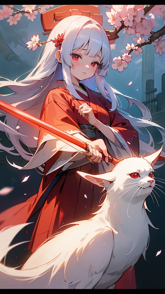 shrine maiden of ancient japanese shrine, pretty girl, kimono, long white hair, ruby red eyes, Princess, Kaguya, Haori, , Wield the shrine maiden's staff, summon spirits and ghosts, Ghosts and spirits fly around her, morning, blue sky,very detailed, vivid appearance, creative action, very detailed, imaginative, , Voluntary, highest quality, skin texture, intricate details, (cinematic lighting), Raw photo, 8K, masterpiece,highest quality,Super detailed,very detailedイラスト,very detailed,intricate details,High resolution,超intricate details,very detailed 8K cg wallpaper,cherry blossoms,cherry blossomsの巨木,cherry blossomsが舞う,cherry blossoms並木,Rin々new expression,Are standing