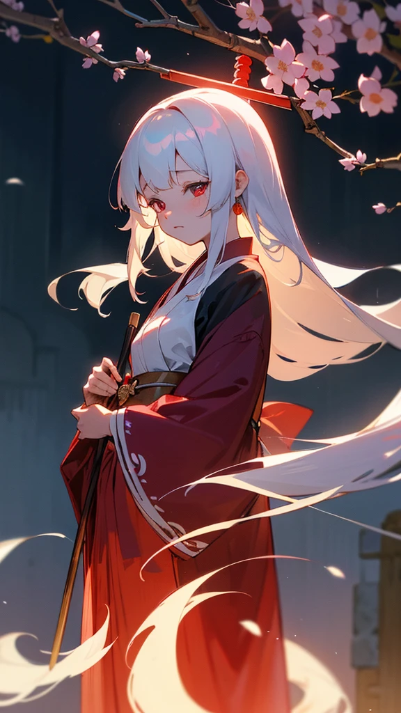 shrine maiden of ancient japanese shrine, pretty girl, kimono, long white hair, ruby red eyes, Princess, Kaguya, Haori, , Wield the shrine maiden's staff, summon spirits and ghosts, Ghosts and spirits fly around her, morning, blue sky,very detailed, vivid appearance, creative action, very detailed, imaginative, , Voluntary, highest quality, skin texture, intricate details, (cinematic lighting), Raw photo, 8K, masterpiece,highest quality,Super detailed,very detailedイラスト,very detailed,intricate details,High resolution,超intricate details,very detailed 8K cg wallpaper,cherry blossoms,cherry blossomsの巨木,cherry blossomsが舞う,cherry blossoms並木,Rin々new expression,Are standing