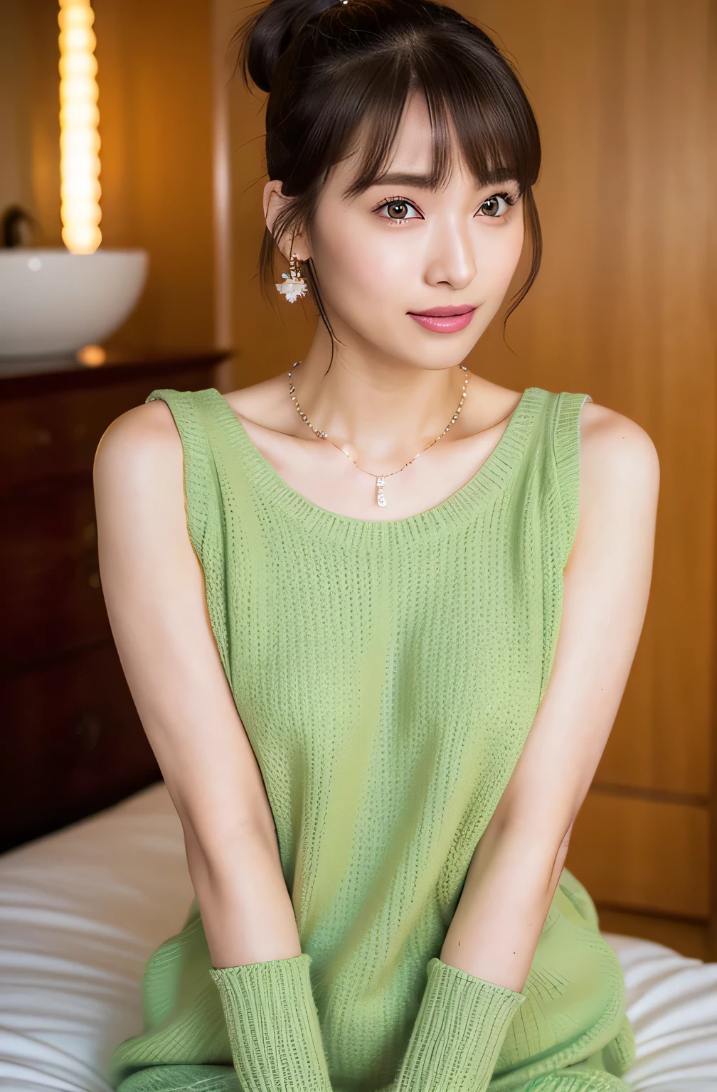 (highest quality, 4k, masterpiece :1.3),
sharp focus, shallow depth of field, Bright colors, professional level,
20-year-old, 1 person, (Half Japanese and German woman), The face of a famous Japanese actress,
Supple body :1.3, model body shape:1.5, perfect style:1.4,
narrow shoulders, beautiful clavicle, long and thin legs,
delicate body shape, The beauty of slim abs :1.2, thin waist :1.2,
super detailed skin, Fair skin, Shiny skin, super detailed face,
slim facial contour, beautiful small face, Beautiful lined nose,
super detailed eyes, long slit eyes, brown eyes, double eyelid, Beautiful thin eyebrows, fine long eyelashes,
super detailed lips, plump lips, glossy pink lips, flushed cheeks, beautiful teeth,
Beautiful actress's ennui makeup, pink lipstick,
dark brown hair, delicate soft hair,
(hair up, medium short hair, ponytail:1.2),
layer cut, (dull bangs:1.2),
(stylish looking earrings,necklace,bracelet,shiny nail art:1.2),
cute smile, open mouth half way, Enchanted expression, ((Staring at the viewer)),
(((photorealism,Shoot the whole body from the thighs:1.5))), ((The body is facing sideways)),
Photographed directly from the front, dynamic lighting,
(Dress up in a tight knit green polka dot sweater:1.2),
((The crystal clear waters of a tropical resort, Immerse yourself in water up to your waist:1.2)),
The midsummer sun shines on the whole,