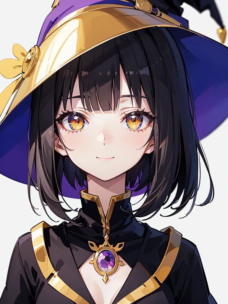 Witch's outfit, (dot nose), Anime-style portrait of a teen-ager girl with a deep violet bob cut, (Golden eyes), bright eyes, detailed eyes, eye contact with the camera, subtle smile, minimalistic background to emphasize character, high contrast, clean lines, digital painting, vivid colors