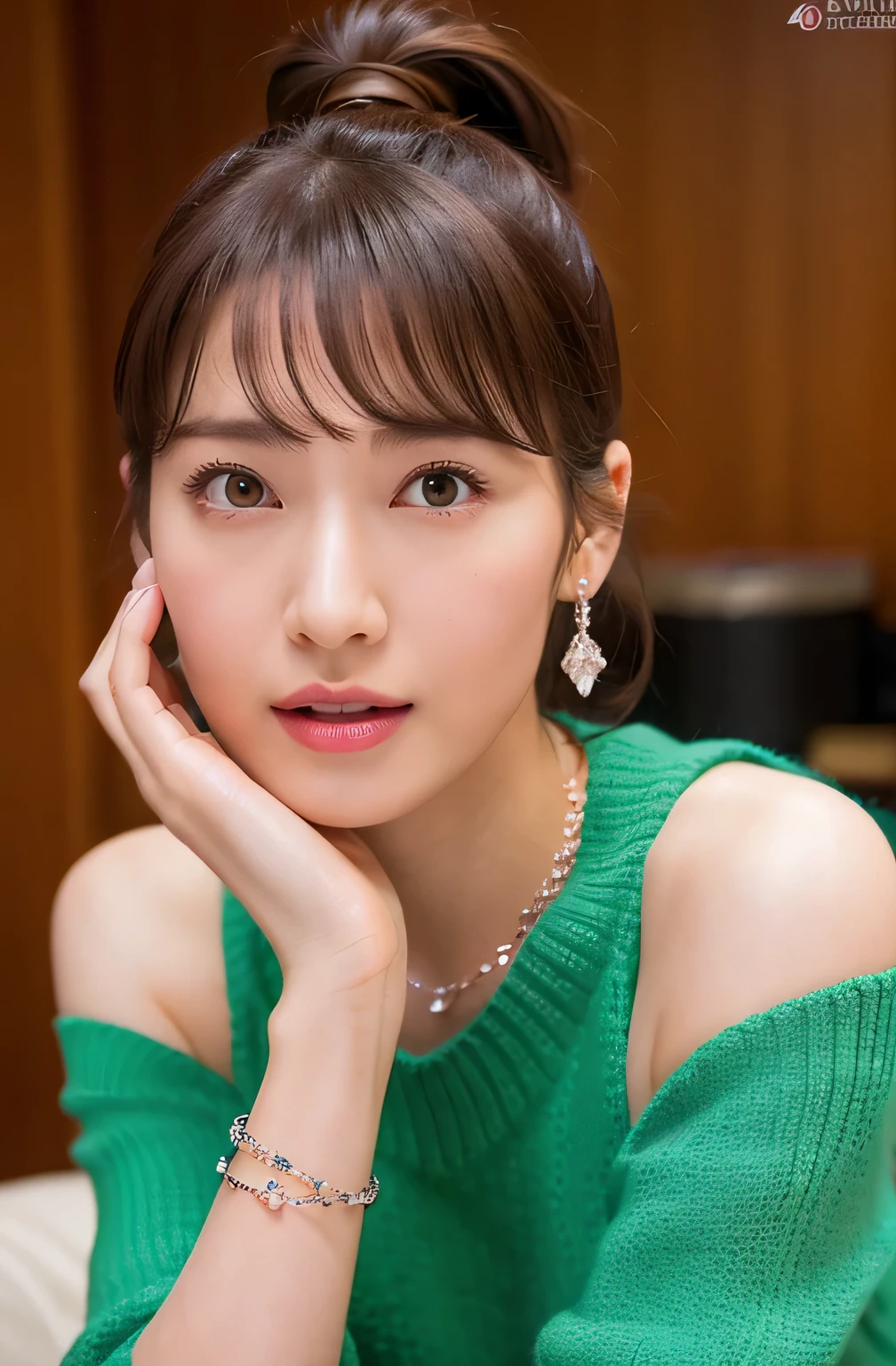 (highest quality, 4k, masterpiece :1.3), 
sharp focus, shallow depth of field, Bright colors, professional level, 
20-year-old, 1 person, (Half Japanese and German woman）, The face of a famous Japanese actress, 
Supple body :1.3, model body shape:1.5, perfect style：1.4, 
narrow shoulders, beautiful clavicle, long and thin legs, 
delicate body shape, The beauty of slim abs :1.2, thin waist :1.2, 
super detailed skin, Fair skin, Shiny skin, super detailed face, 
slim facial contour, beautiful small face, Beautiful lined nose, 
super detailed eyes, long slit eyes, brown eyes, double eyelid, Beautiful thin eyebrows, fine long eyelashes, 
super detailed lips, plump lips, glossy pink lips, flushed cheeks, beautiful teeth, 
Beautiful actress&#39;s ennui makeup, pink lipstick, 
dark brown hair, delicate soft hair, 
(hair up, medium short hair, ponytail:1.2), 
layer cut, (dull bangs:1.2), 
(stylish looking earrings,necklace,bracelet,shiny nail art:1.2), 
cute smile, open mouth half way, Enchanted expression, ((Staring at the viewer)), 
(((photorealism,Shoot the whole body from the thighs:1.5))), ((The body is facing sideways)), 
Photographed directly from the front, dynamic lighting, 

(Dress up in a tight knit green polka dot sweater:1.2), 

((The crystal clear waters of a tropical resort, Immerse yourself in water up to your waist:1.2)), 
The midsummer sun shines on the whole, 