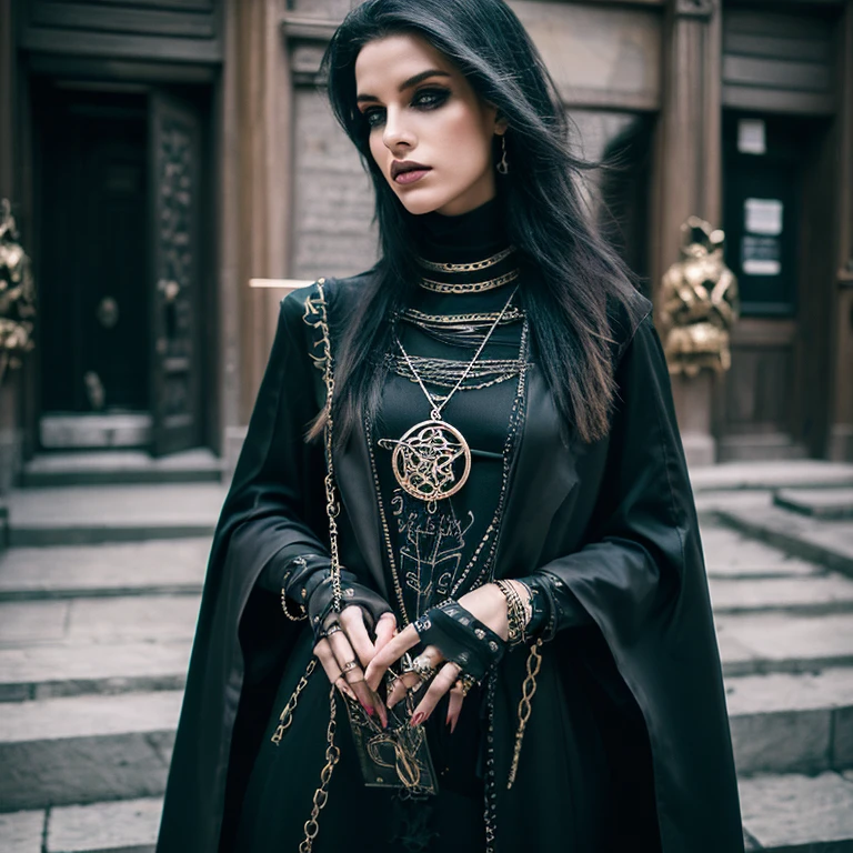 young enchanting witch, chaotic outfit with modern trends, bewitching allure, stylish sorceress, fusion of classic witchcraft and contemporary fashion, asymmetrical design, bold textures, layered garments, edgy streetwear elements, mystical jewelry, spell book or arcane symbols in hand, charismatic presence, urban witch aesthetic, captivating gaze, mystical setting, creative fashion statement, 35mm