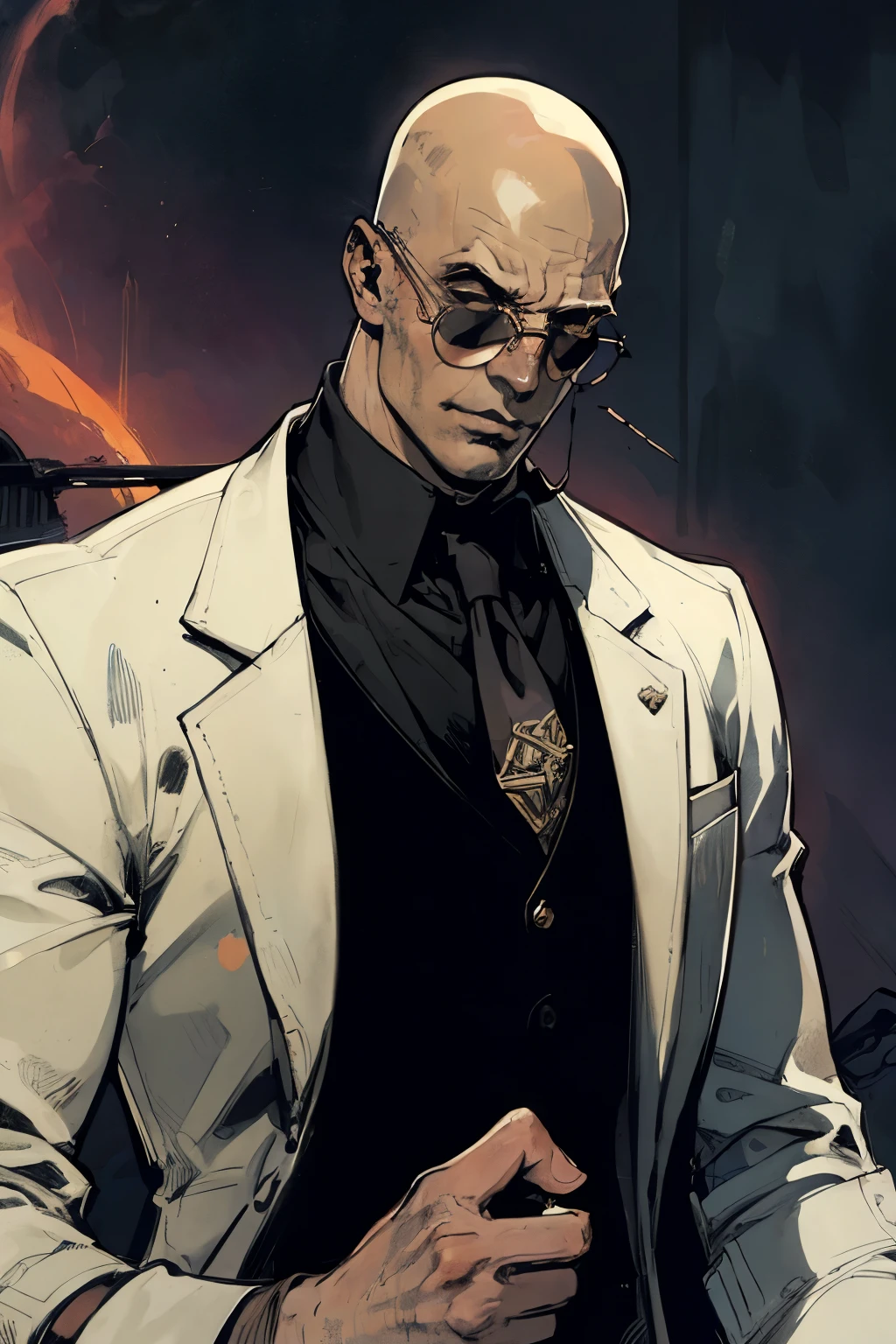 man with round dark sunglasses, bald, in a suit and tie, SCI-FI, fantasy, smirk, beanie, in the style of Kentaro Miura,