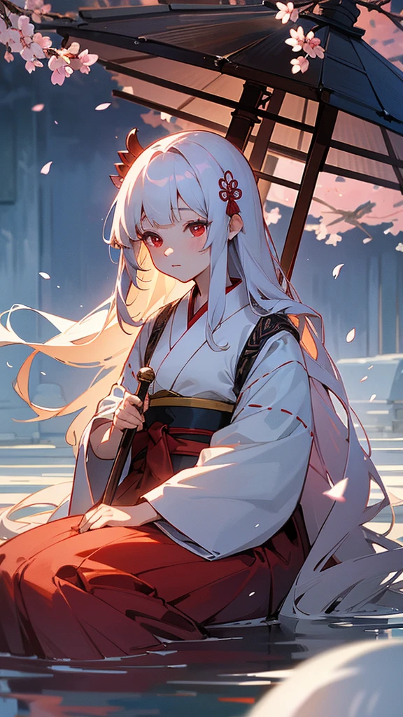 shrine maiden of ancient japanese shrine, pretty girl, kimono, long white hair, ruby red eyes, Princess, Kaguya, Haori, , Wield the shrine maiden's staff, summon spirits and ghosts, Ghosts and spirits fly around her, morning, blue sky,very detailed, vivid appearance, creative action, very detailed, imaginative, , Voluntary, highest quality, skin texture, intricate details, (cinematic lighting), Raw photo, 8K, masterpiece,highest quality,Super detailed,very detailedイラスト,very detailed,intricate details,High resolution,超intricate details,very detailed 8K cg wallpaper,cherry blossoms,cherry blossomsの巨木,cherry blossomsが舞う,cherry blossoms並木,Rin々new expression,sitting in the water