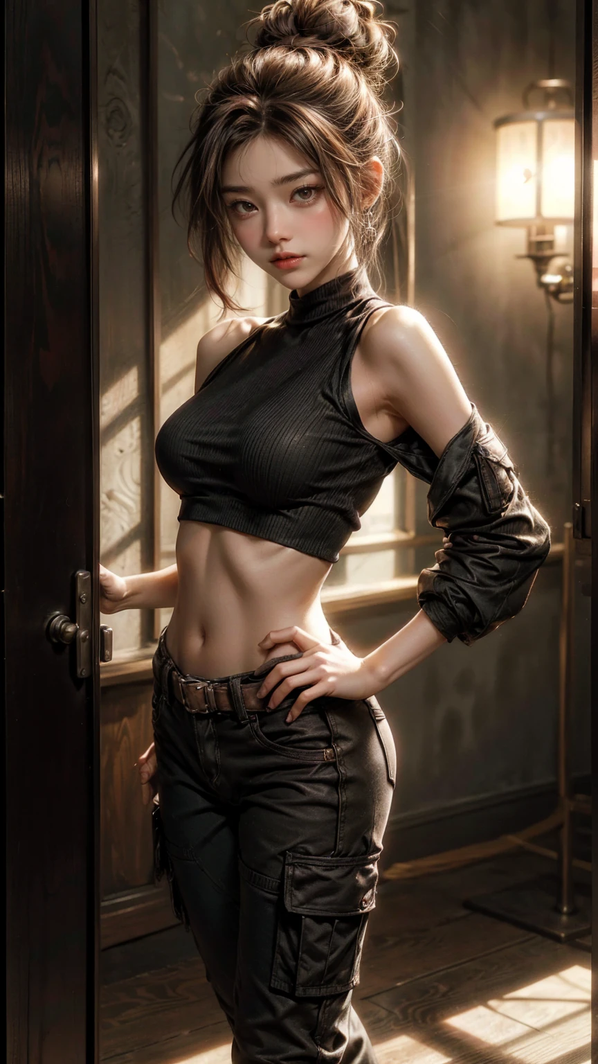 Best Quality, Masterpiece, Ultra High Resolution, (Realisticity: 1.4), Original Photo, 1girl, Bare Shoulder, Cinematic Lighting, (Upper Body: 1.5), (Battle Stance), Big Bust (D)