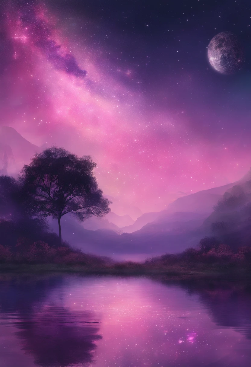 ((HG)), A captivating ((photorealistic image)) of a ((dreamy night sky)) featuring a fulmoon and an array of twinkling stars. Galaxy, creating a sense of depth and fantasy. soft dreamy ethereal atmosphere. This stunning 3D render, showcasing an aesthetic blend of cosmic and dreamy elements, calm pink and purple tone,
