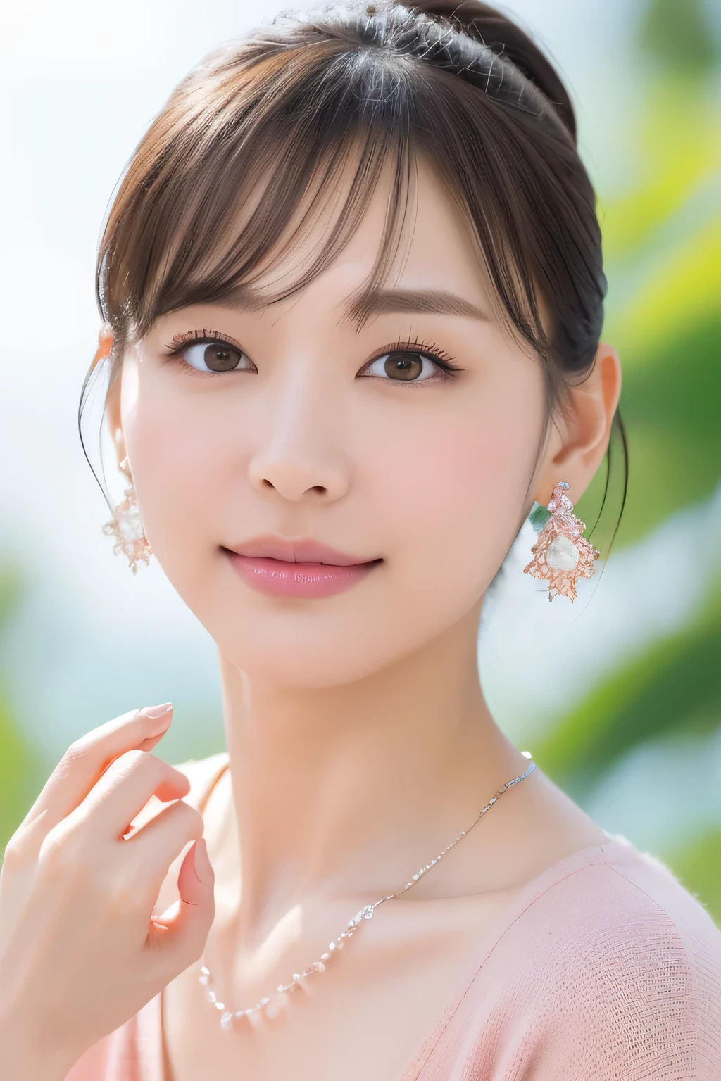 (highest quality, 4k, masterpiece :1.3), 
sharp focus, shallow depth of field, Bright colors, professional level, 
20-year-old, 1 person, (Half Japanese and German woman）, The face of a famous Japanese actress, 
Supple body :1.3, model body shape:1.5, perfect style：1.4, 
narrow shoulders, beautiful clavicle, long and thin legs, 
delicate body shape, The beauty of slim abs :1.2, thin waist :1.2, 
super detailed skin, Fair skin, Shiny skin, super detailed face, 
slim facial contour, beautiful small face, Beautiful lined nose, 
super detailed eyes, long slit eyes, brown eyes, double eyelid, Beautiful thin eyebrows, fine long eyelashes, 
super detailed lips, plump lips, glossy pink lips, flushed cheeks, beautiful teeth, 
Beautiful actress&#39;s ennui makeup, pink lipstick, 
dark brown hair, delicate soft hair, 
(hair up, medium short hair, ponytail:1.2), 
layer cut, (dull bangs:1.2), 
(stylish looking earrings,necklace,bracelet,shiny nail art:1.2), 
cute smile, open mouth half way, Enchanted expression, ((Staring at the viewer)), 
(((photorealism,Shoot the whole body from the thighs:1.5))), ((The body is facing sideways)), 
Photographed directly from the front, dynamic lighting, 

(Dress up in a tight knit green polka dot sweater:1.2), 

((The crystal clear waters of a tropical resort, Immerse yourself in water up to your waist:1.2)), 
The midsummer sun shines on the whole, 