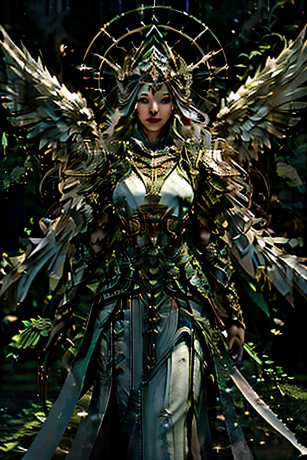 angel of health, detailed masterpiece, organic green armor, made with very big leaves, mint, rue, ambrosias, rosmery, holds and show in her left hand a long and mystical staff of natural wood, radiates a bright green light at the tip, background showing a great circular geometric diagram , More Detail, 4k, perfect face, front view