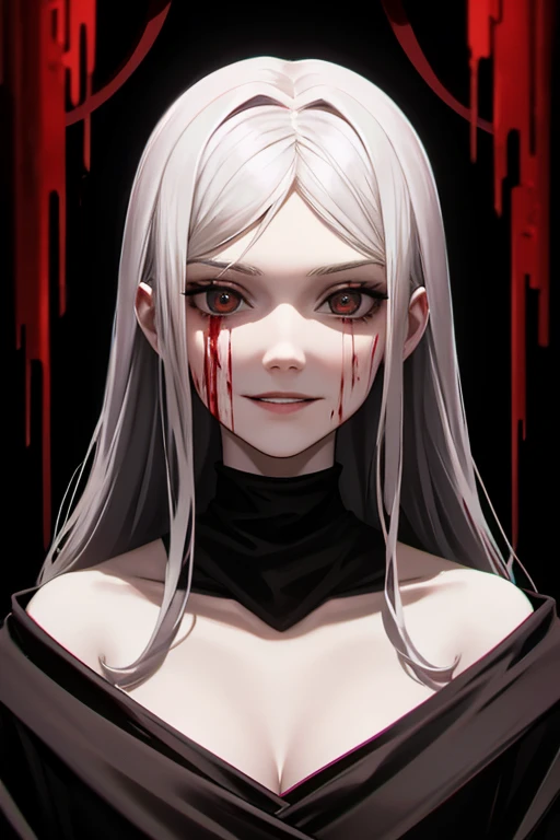 Pale, Creepy cultist, 19 year old woman, low dim lighting, dark chamber, smirk, blood on her face,