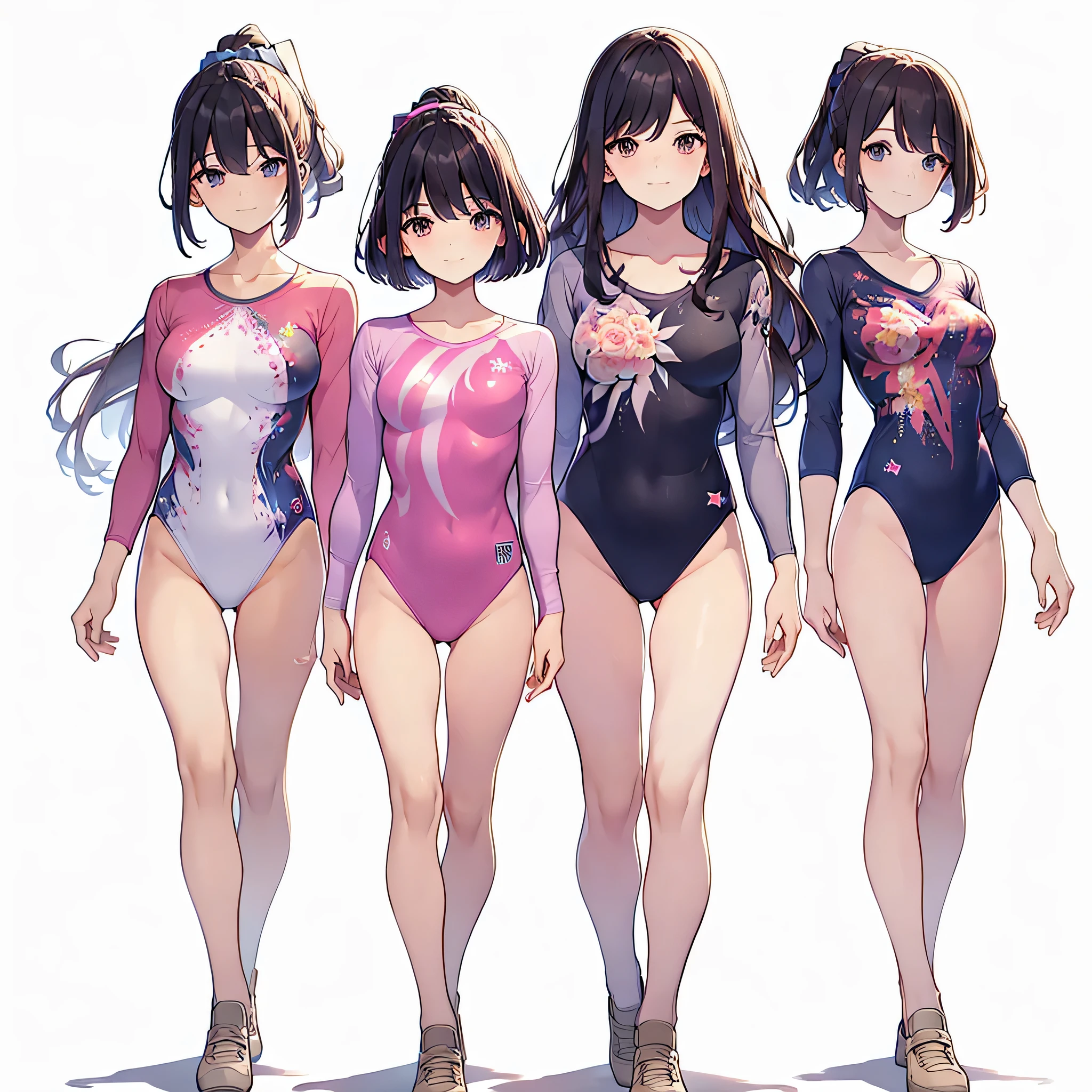 ((full body)),(masterpiece, best quality), (2 girls1.5) ,((Contrapposto:1.5)), looking at viewer, walking,((v_arms:1.2)), (wearing gymnastics_longsleeves_leotard_outfit leotard:1.3),(pink leotard) ,(floral print leotard:1.3),{{wearing gym suit:1.3 }}, BREAK masterpiece black hair, ((long hair:1.2)), ((parted bangs:1.3)), black eyes, good hand, ((small breasts)), (over 20 years old, under 25 years old:1.2), , spotlight, happy, smile, BREAK in the class room