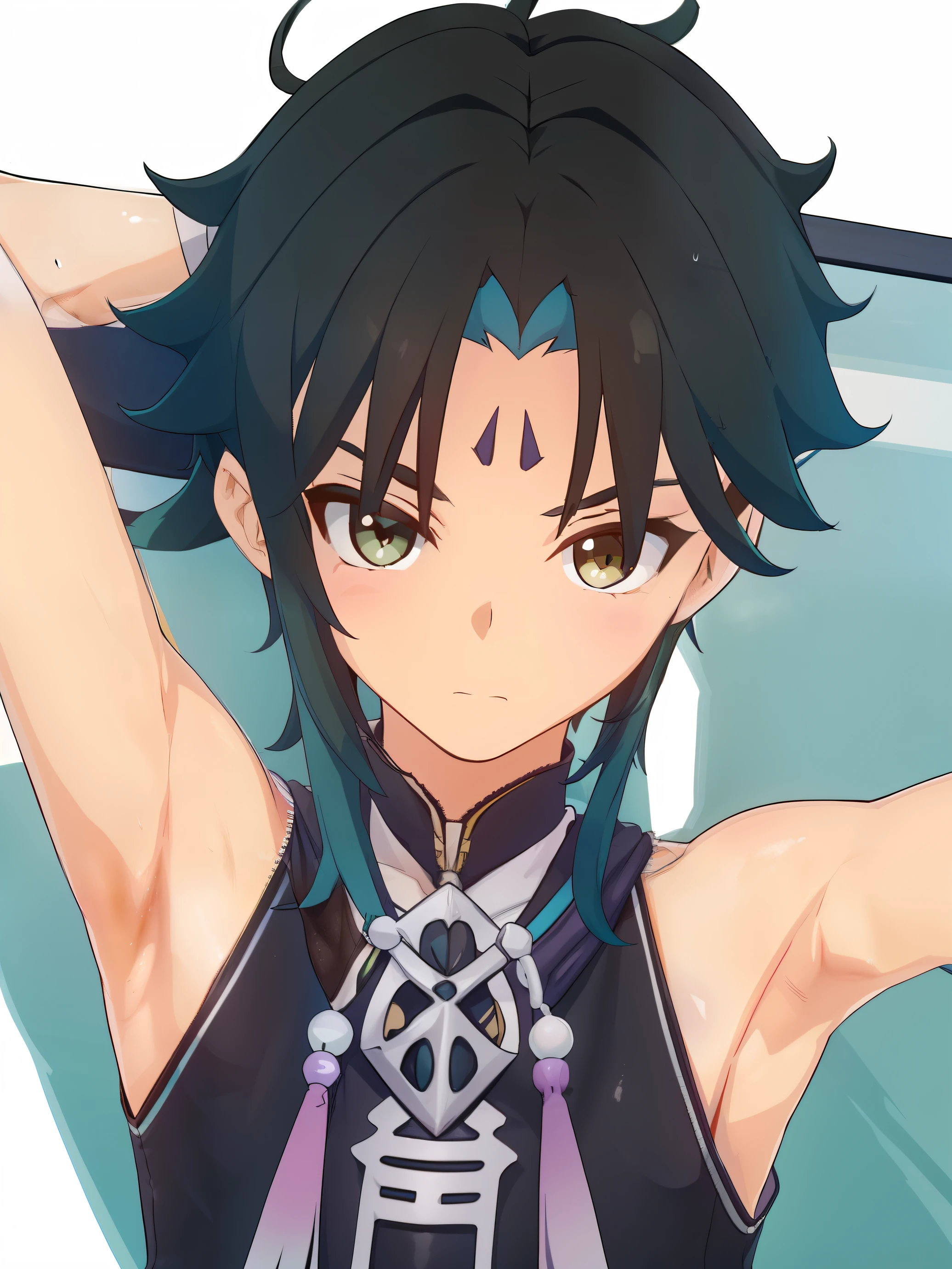 Highres, Masterpiece, Best quality at best,Best Quality,hight quality, hight detailed, 1boy, Xiao from genshin, Shota, Green hoodie with cyan stripes, The hoodie is sleeveless and has an open zipper, (very small and short stature), (very young boy), (very small and short body), -yeld bo (Showing armpit:1.4), School, Sweat