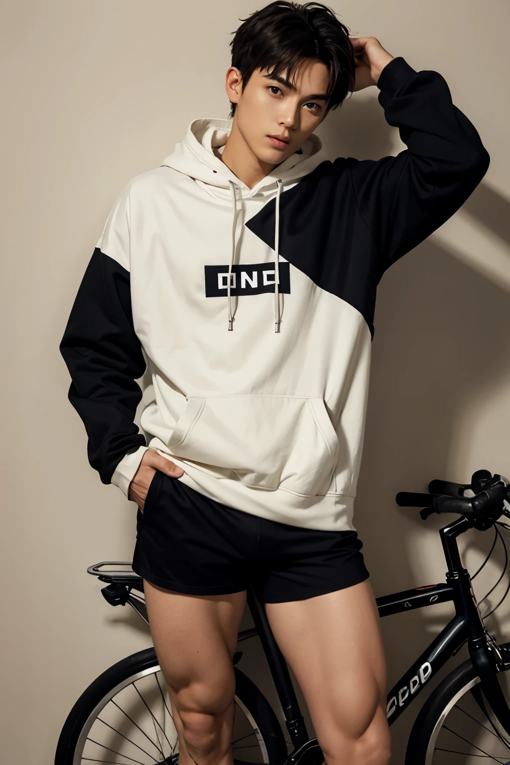 One muscular man、ash hoodie、Black Bike micro Shorts、ligh brown hair、Carl Bob