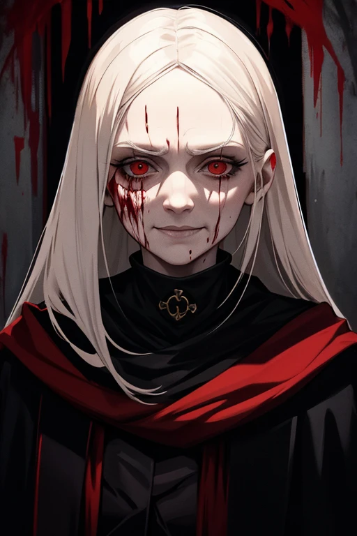 Pale, Creepy cultist, old woman, low dim lighting, dark chamber, smirk, blood on her face,