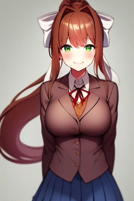 neck ribbon, Monika, bangs, very long hair, smile, long hair, arms behind back, looking at viewer, ponytail, shirt, half-closed eyes, hair bow, white bow, pleated skirt, brown hair, grey jacket, sidelocks, solo, blush, blue skirt, skirt, 1girl, gigantic breasts, blazer, green eyes, looking at viewer, 