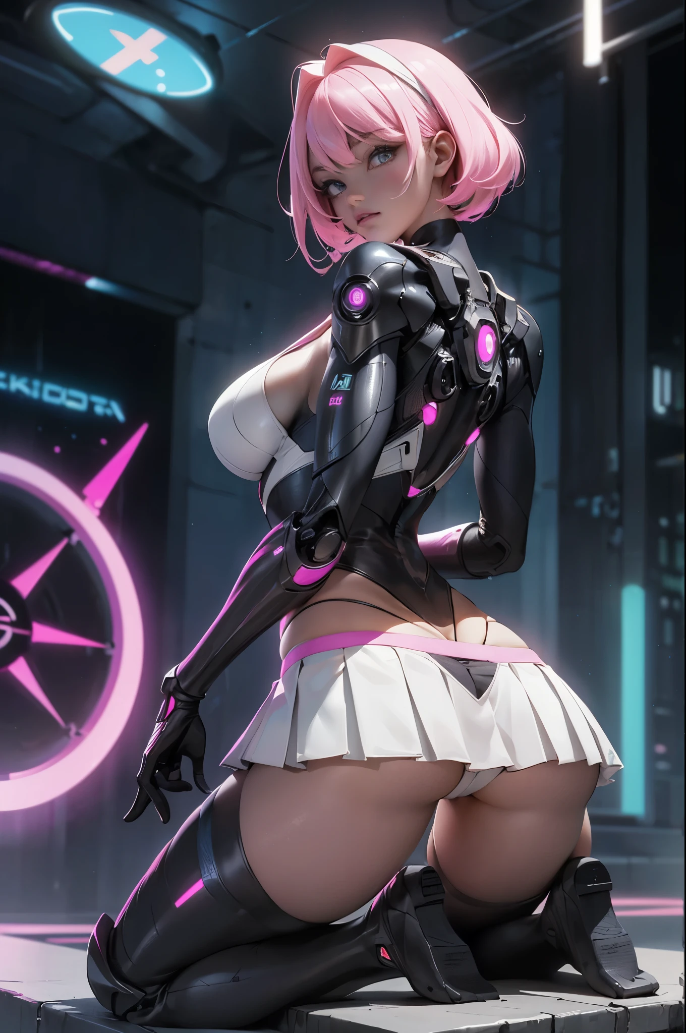 (highest quality), (masterpiece), girl kneeling down looking back to viewer, thin lean body, tiny waist. futuristic, cyberpunk, fit buttocks, (emphasis on the buttock in skirt:1.0), (showing white thong panties:1.5), futuristic white latex body suit, cyberpunk fashion, sexy pose, (perky breasts:1.5), Neon lights in the dark city at night, (unreal engine:1.4), UHD, (the best quality:1.4), fotorrealista:1.4, (textured skin:1.1), masterpiece:1.8, obra-prima, mejor calidad, Beautiful and detailed eye description, (neon pink cyborg), (Perfect anatomy), (convexo, Dedos detallados), cyborg mirai bodysuit white, (mirai:1.4), (very short white pleated miniskirt exposing bottom half of buttocks:1.4)