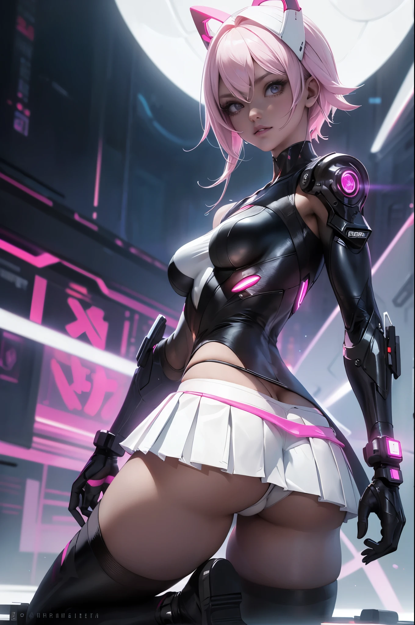 (highest quality), (masterpiece), girl kneeling down looking back to viewer, thin lean body, tiny waist. futuristic, cyberpunk, fit buttocks, (emphasis on the buttock in skirt:1.0), (showing white thong panties:1.5), futuristic white latex body suit, cyberpunk fashion, sexy pose, (perky breasts:1.5), Neon lights in the dark city at night, (unreal engine:1.4), UHD, (the best quality:1.4), fotorrealista:1.4, (textured skin:1.1), masterpiece:1.8, obra-prima, mejor calidad, Beautiful and detailed eye description, (neon pink cyborg), (Perfect anatomy), (convexo, Dedos detallados), cyborg mirai bodysuit white, (mirai:1.4), (very short white pleated miniskirt exposing bottom half of buttocks:1.4)