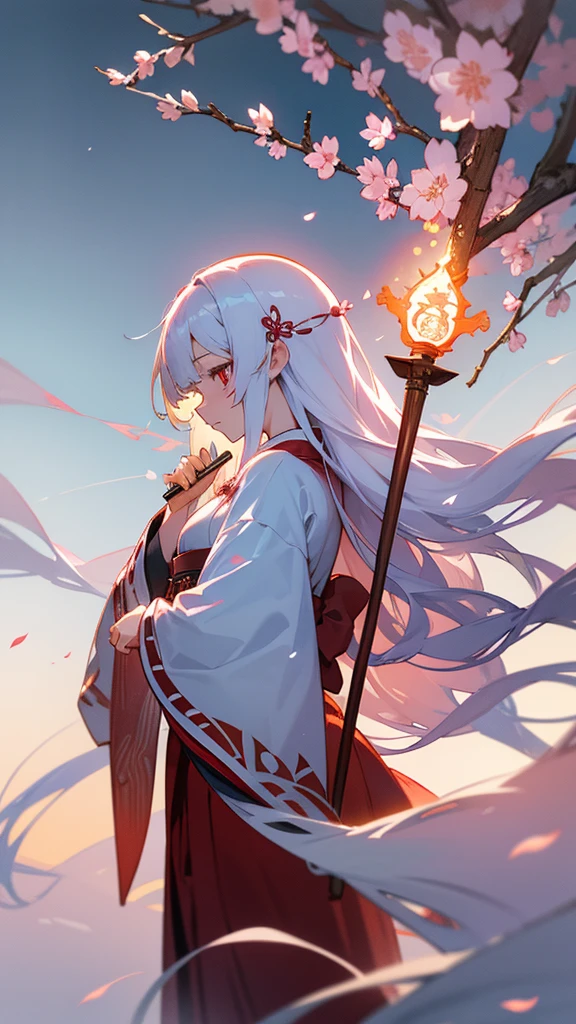 shrine maiden of ancient japanese shrine, pretty girl, kimono, long white hair, ruby red eyes, Princess, Kaguya, Haori, , Wield the shrine maiden's staff, summon spirits and ghosts, Ghosts and spirits fly around her, morning, blue sky,very detailed, vivid appearance, creative action, very detailed, imaginative, , Voluntary, highest quality, skin texture, intricate details, (cinematic lighting), Raw photo, 8K, masterpiece,highest quality,Super detailed,very detailedイラスト,very detailed,intricate details,High resolution,超intricate details,very detailed 8K cg wallpaper,cherry blossoms,cherry blossomsの巨木,cherry blossomsが舞う,cherry blossoms並木,Rin々new expression,Standing on the road that continues into the distance,back view,Background center