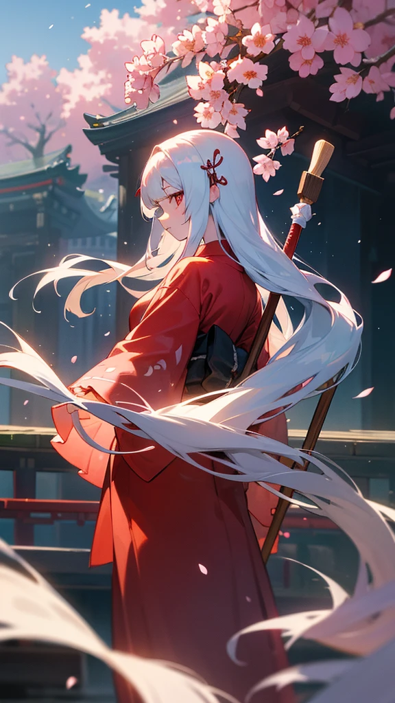 shrine maiden of ancient japanese shrine, pretty girl, kimono, long white hair, ruby red eyes, Princess, Kaguya, Haori, , Wield the shrine maiden's staff, summon spirits and ghosts, Ghosts and spirits fly around her, morning, blue sky,very detailed, vivid appearance, creative action, very detailed, imaginative, , Voluntary, highest quality, skin texture, intricate details, (cinematic lighting), Raw photo, 8K, masterpiece,highest quality,Super detailed,very detailedイラスト,very detailed,intricate details,High resolution,超intricate details,very detailed 8K cg wallpaper,cherry blossoms,cherry blossomsの巨木,cherry blossomsが舞う,cherry blossoms並木,Rin々new expression,Standing on the road that continues into the distance,back view,Background center