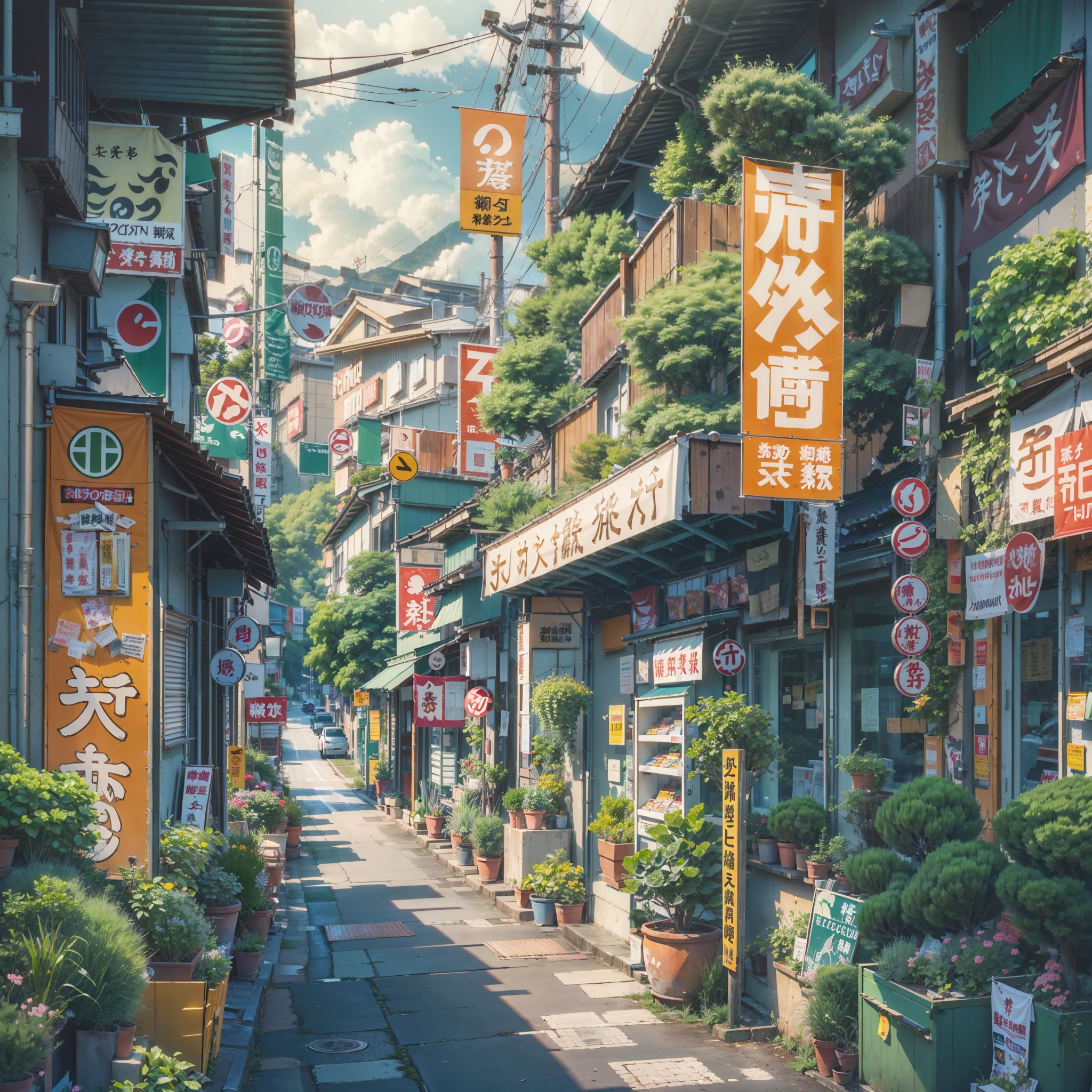 anime background, anime wallpaper, anime, anime style, lofi, lofi style, modern japanese street, mountains, uphill, modern japanese architecture, japanese convenience store, big retro japanese shop signs, retro japanese store, trees, plants, rocks, plant pots, shop signs, japanese banners, japanese signs, flags, empty street, no one in sight, (no one: 1), best quality, wide view, street going uphill, buildings tight together,
