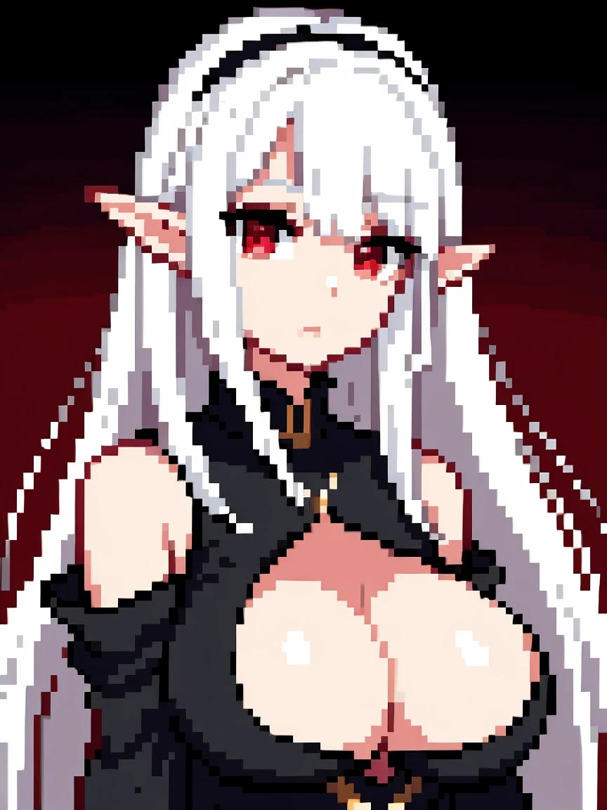 Elf, very big breast, white hair, black dress, red eye