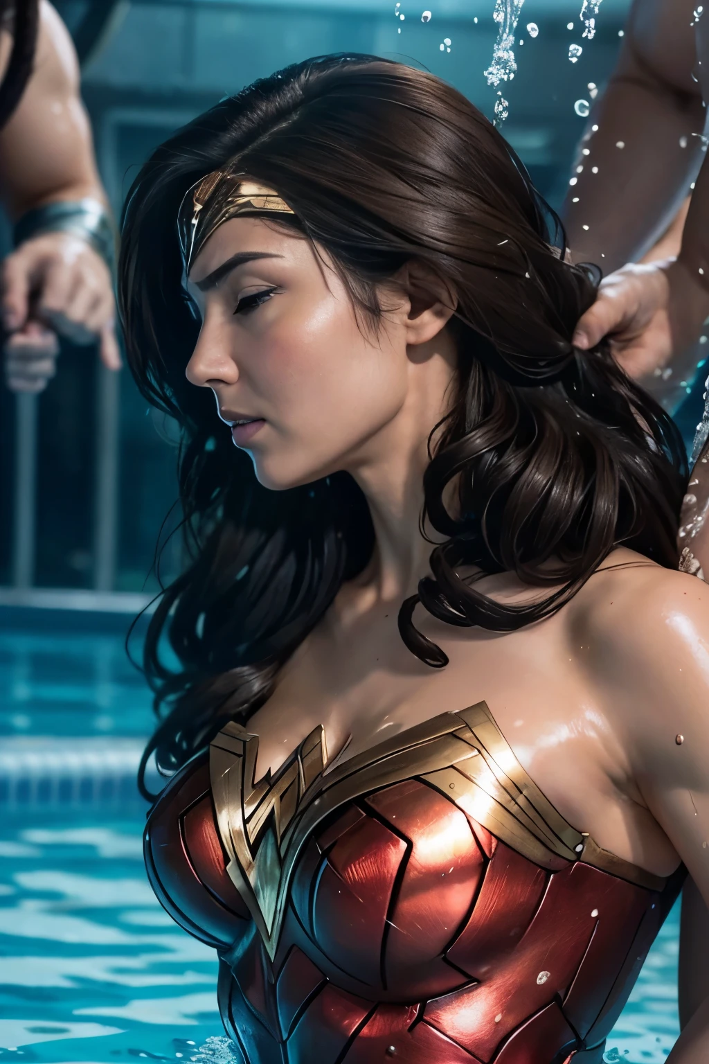 perfect wonder woman costume,turn away,back view,Being submerged in a pool,Drowning in the pool,Face submerged in water,dive underwater,Submerge your face in water,inside the pool,Inside the fountain,Soaked in water,Soaking wet wonder woman,sleeping face,Close ~ eyes,open your mouth,tired face,face of suffering,sleeping face,soaking wet hair,Soaked Hair,wet body,fight the men,surrounded by men,,caught between men,being tackled by men,Intertwining with men, Attacked by men,assaulted by men,Being bullied by guys,being sexually abused by a man,Captured by a man,Being detained by a man、touch your face,、Hair is pulled hard,My head is grabbed,Grab my head,brown hair, masterpiece、beautiful girl、fine 目、puffy eyes、highest quality, 超High resolution, (reality: 1.4), movie lighting,super beautiful、beautiful skin、(超reality的な)、(High resolution)、(8K)、(very detailed)、(beautiful and fine 目)、(Super detailed)、 detailed face、slanted bangeshi hair、brown hair、20-year-old、Wonder Woman Cosplay