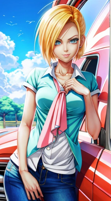 digital drawing, 4k, Babes, a woman in a blue blouse and jeans posing in a car, android 18, cutesexyrobutts, extremely detailed artgerm, beautiful seductive anime woman, kentaro miura art, seductive anime girl, detailed anime digital art, anime style 3d realistic, glamorous Jill Valentine by Kentaro Miura, artgerm trends, clean and detailed anime art