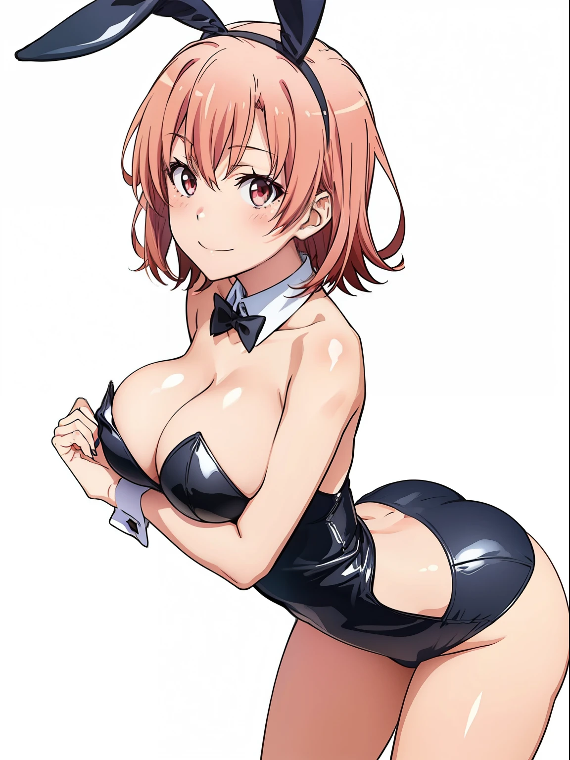 ((masutepiece, Best Quality, hight resolution, nffsw, Perfect Pixel, depth of fields, 4K, )), 1girl in, Solo, , Beautiful anime girl, Beautiful Art Style, close up, Looking at Viewer, Perfect body, Yuigahama Yui, Short hair, single hair bun, pink hair, (large boob), Full face blush, Smile, thighs thighs thighs thighs, playboy bunny, white background, side shot, hands on ass, bent over, Cowboy Shot, Focus,