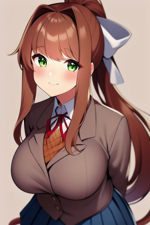 neck ribbon, Monika, bangs, very long hair, smile, long hair, arms behind back, looking at viewer, ponytail, shirt, half-closed eyes, hair bow, white bow, pleated skirt, brown hair, grey jacket, sidelocks, solo, blush, blue skirt, skirt, 1girl, gigantic breasts, blazer, green eyes, looking at viewer, 