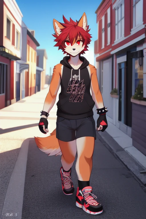 Furry, anthropomorphic wolf, orange fur, red hair, wolf cut, red eyes sixteen years old, wearing Charcoal gray sleeveless hoody, wearing cinereous T-shirt, wearing ash gray shorts, black tennis shoes, walking through the city, location based on Annapolis Maryland, Punk Convention nearby