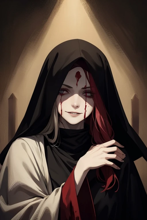 Pale, Creepy cultist, dark elf, low dim lighting, dark chamber, smirk, blood on her face,black background, nude