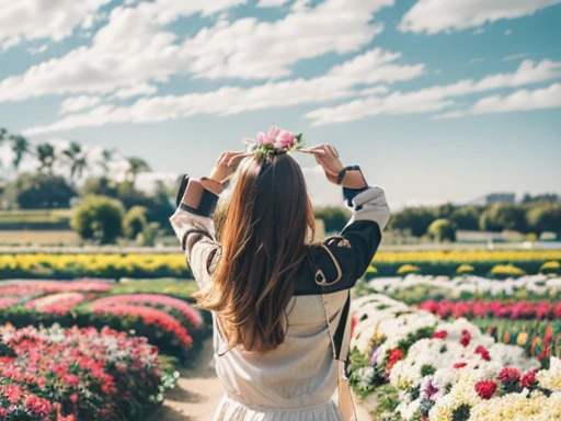 A woman in her fifties standing in a flower field making a heart with her hands, stand in a flower field, Standing in a flower garden, girl Standing in a flower garden, woman stand in a flower field, girl stand in a flower field, Girl in a flower field, Flower field in the foreground, Girl at the front of the flower garden, Girl walking in a flower field