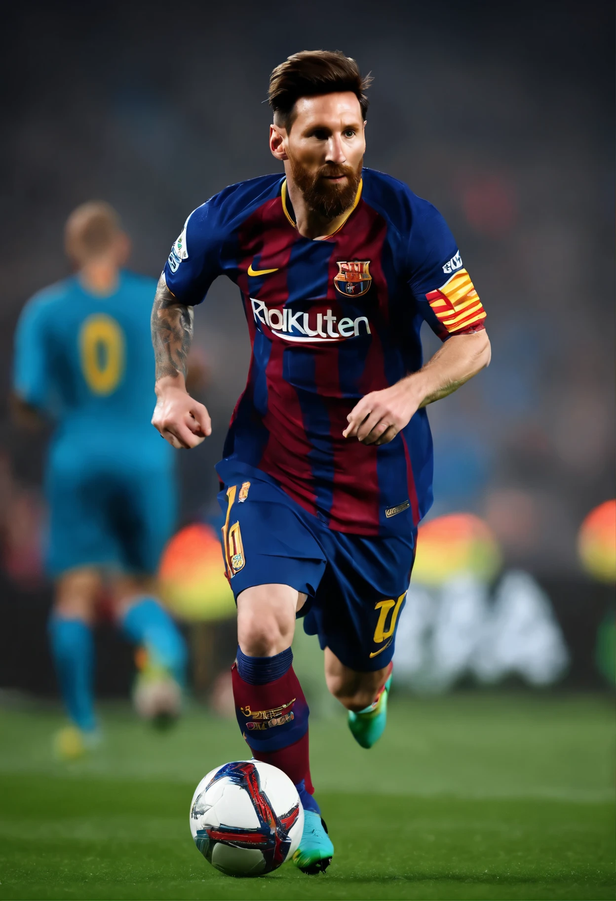 (best quality,4k,8k,highres,masterpiece:1.2),ultra-detailed,(realistic,photorealistic,photo-realistic:1.37),portrait,painting,oil on canvas,colorful,vivid colors,studio lighting,close-up,legendary soccer player,Lionel Messi,captivating gaze,intense eyes,detailed hair and beard,striking jersey and boots,athletic posture,dynamic action,dribbling past defenders,scoring a goal,celebrating victory,emotional expression,packed stadium,fans cheering and waving flags,excitement and energy,surreal background,splashes of vibrant colors,floating footballs,bursts of light,showcasing Messi's brilliance and talent.
