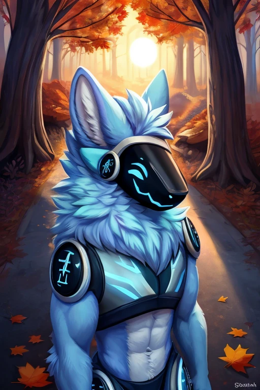 (((Light blue fur protogen))) , big chest, day, sexy, sensual, detailed, uploaded to e621, beautiful and detailed portrait of an anthropomorphic Light blue fur protogen, (((male ))) uploaded to e621, zaush, foxovh, movie lighting, , thicc, alone, ((submissive)) , close up view from above, muscular toned, muscles, muscular build, Japanese anime style, Art Prompt: Autumn Forest Encounter (Japanese Anime Style)
Imagine a dense forest in late autumn, leaves ablaze with fiery reds, burnt oranges, and golden yellows carpeting the winding path. The setting sun casts long shadows and a warm glow through the trees, creating an ethereal atmosphere of dusk. A muscular, light blue protogen stands on the path, gazing into the distance with a sense of contemplation and wonder. The protogen should blend into the environment, becoming one with the vibrant colors of the forest. Include details like mushrooms, fallen logs, and small forest creatures to bring the scene to life. Capture the peace and tranquility of being alone in nature, using a vibrant color palette to emphasize the beauty of the autumn foliage. Draw inspiration from Studio Ghibli films like Princess Mononoke and My Neighbor Totoro, or anime series with nature themes like Mushishi and Non Non Biyori.,((( light blue fur protogen))) Japanese anime style
