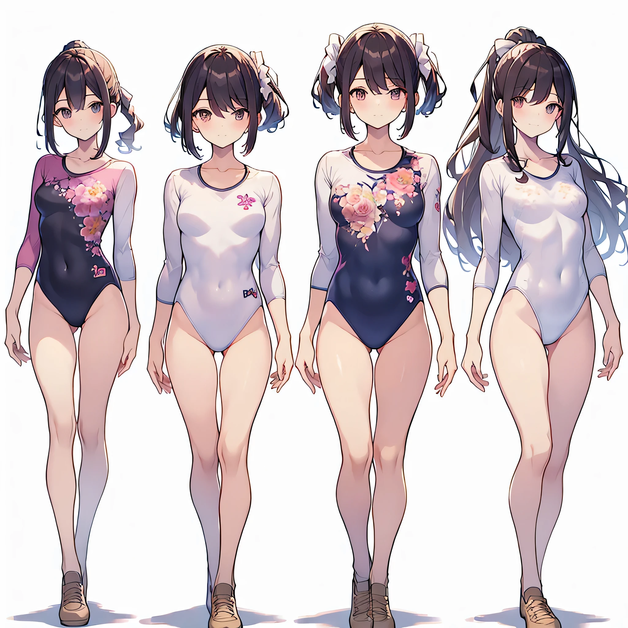 ((full body)),(masterpiece, best quality), (2 girls1.5) ,((Contrapposto:1.5)), looking at viewer, walking,((v_arms:1.2)), (wearing gymnastics_longsleeves_leotard_outfit leotard:1.3),(pink leotard) ,(floral print leotard:1.3),{{wearing gym suit:1.3 }}, BREAK masterpiece black hair, ((long hair:1.2)), ((parted bangs:1.3)), black eyes, good hand, ((small breasts)), (over 20 years old, under 25 years old:1.2), , spotlight, happy, smile, BREAK in the class room
