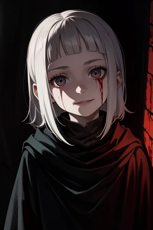 Pale, Creepy cultist, 10 Year old kid, low dim lighting, dark chamber, smirk, blood on her face,