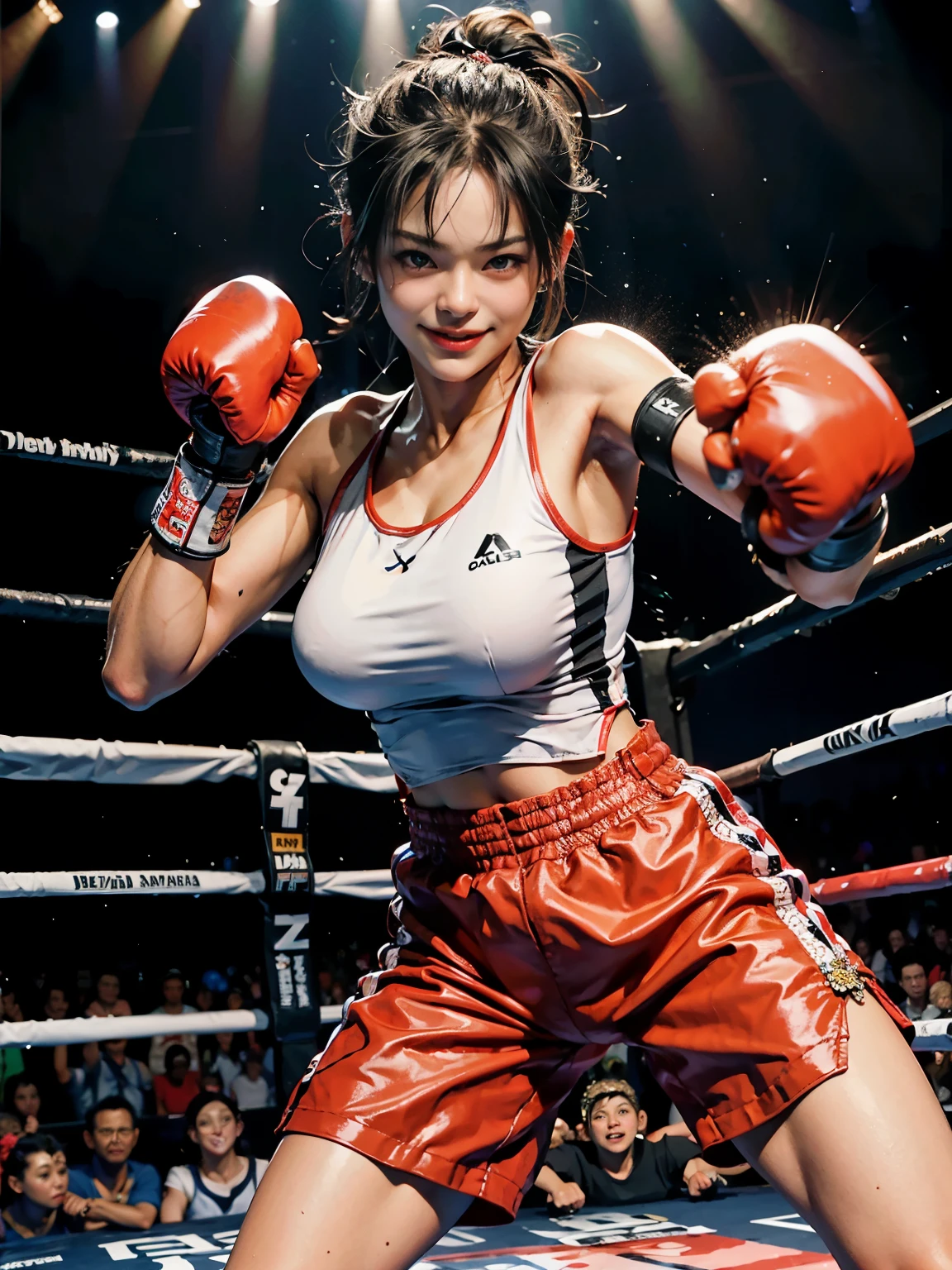 Professional female bantamweight boxer、18-year-old、Wearing a tight tank top and short running pants, clench one's fist、With a confident smile, She clenches her fist and attacks the viewer..、in a dynamic pose、boxing ring、During a boxing match、The crowd is gathering。professional lighting、Super realistic、Super detailed、masterpiece、highest quality