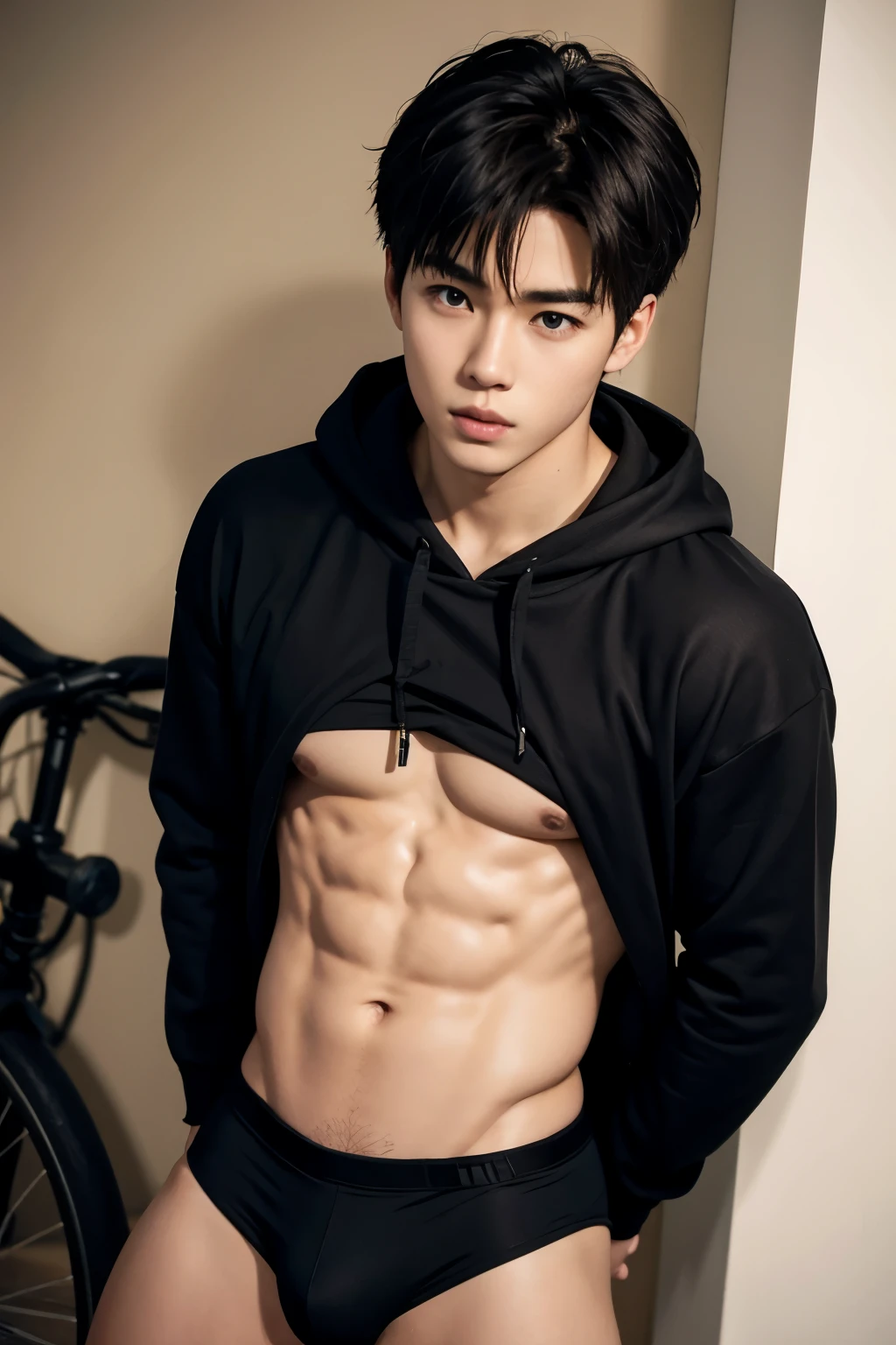One muscular boy、ash hoodie、Black Bike micro thong、ligh brown hair、Carl Bob
