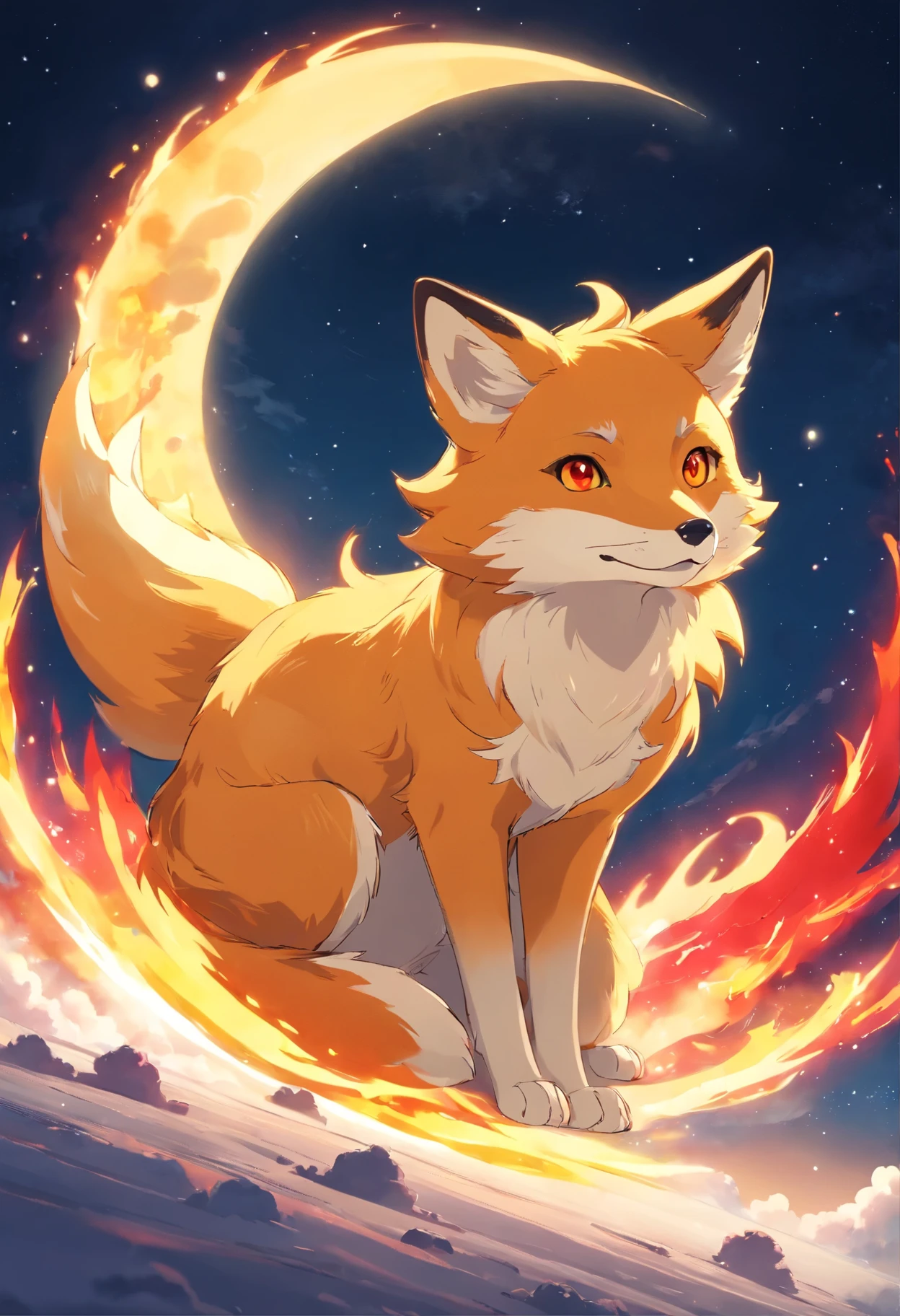 best quality, 8k, A legendary golden, yellow, radiant fox with red flames on its parts. of a body lying on the moon, cloud scene, pc wallpaper, red eyes, Soft fur