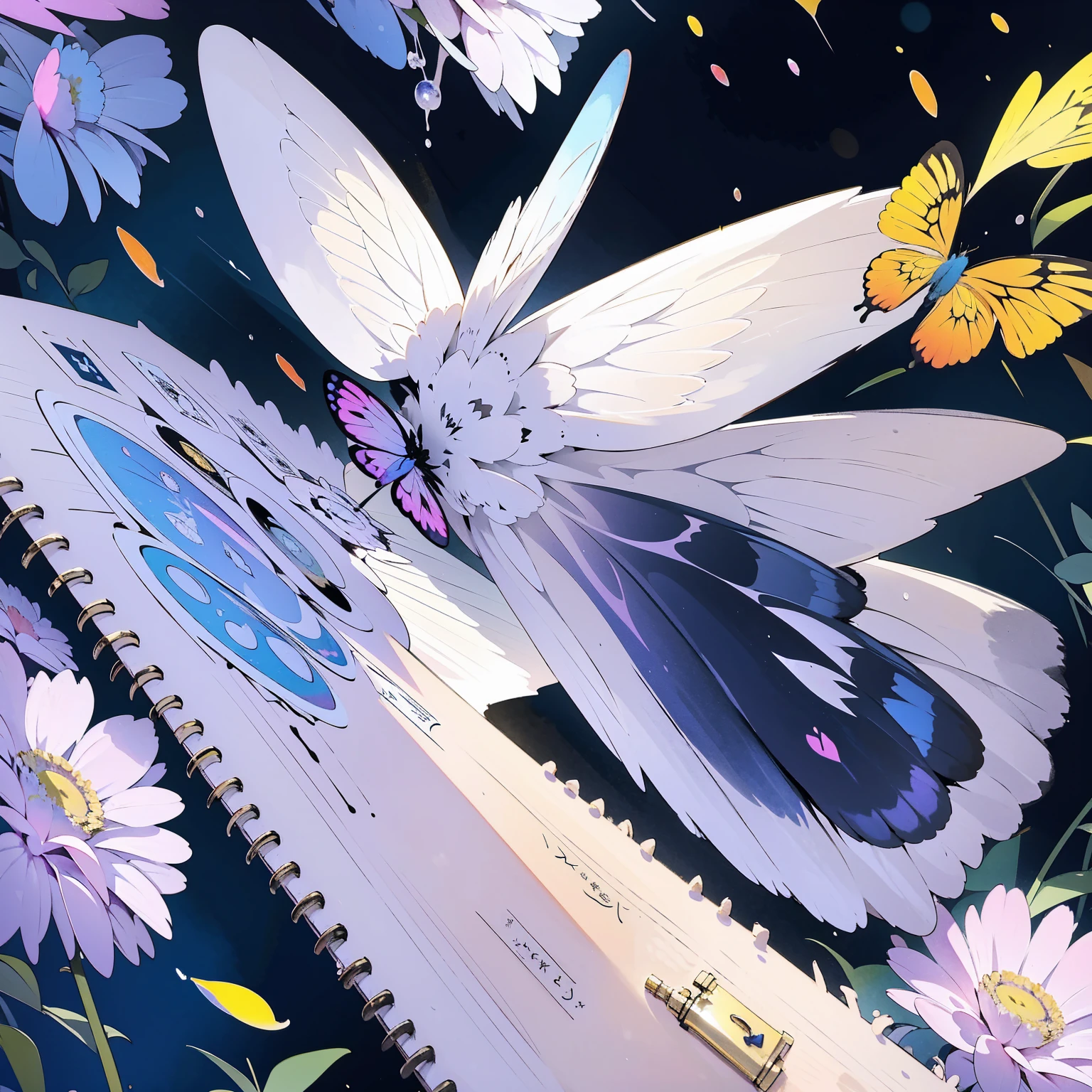 sketchbook,solemn expression,realistic lighting,soft brushstrokes,vibrant colors,butterfly wings,floral background,daytime scene