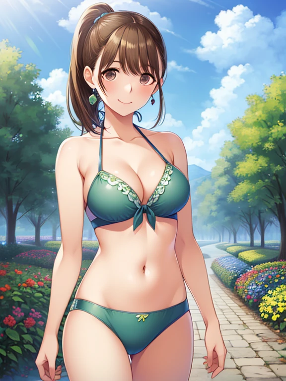 (((high quality,masterpiece,4k,8K))),masterpiece, 最high quality, 

green bikini, braided ponytail, looking at the viewer, smile, garden, blue sky, cloud, Upper body, cowboy shot, Are standing, put your hands behind your back