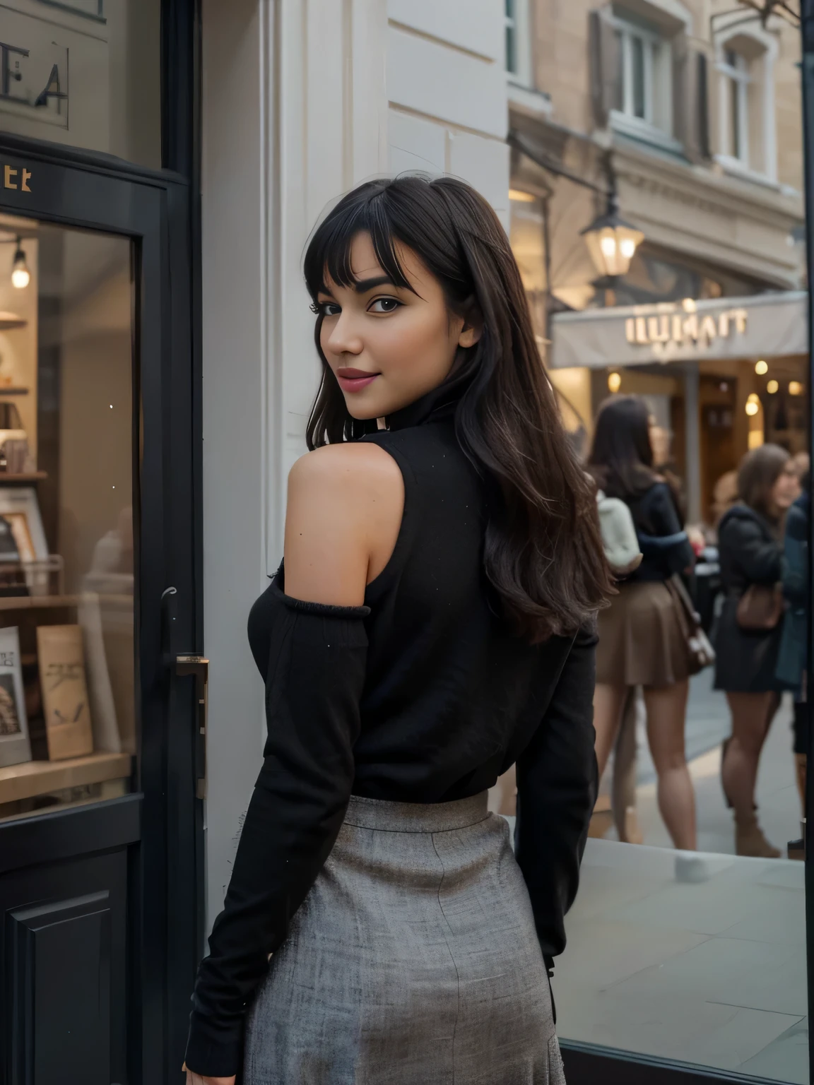 solo lovely smiling Bettie Page, in front of boutique, (highest quality texture), boutique store front, display windows full of interesting items, film quality, completly dressed in high style leather fashion, large wool sweater, ((long maxy wool skirt )),(( soft tight Black gloves )), shoulder bag,she's in front of beautiful boutique ,soft accent candlelight in windows, gorgeous rembranndt like lighting, (Rembrandt patch), (highest quality window details), hip cool boutique in background, silky long dark hair, hair bangs to her eyes, every detail,Fine facial features, Masterpiece – Masterpiece ○○ quality – ○○ quality best quality(Highest Quality) ,Leica film, best, solo female, High quality (hiquality) etc ○○ detailed – ○○ details ultra detailed(Ultra-fine ), Photorealistic, Extremely detailed(Extremely detailed) , Finely detailed(Fine-grained), (highest detail skin texture peachfuzz earlobe realistic) etc ○○ res – ○○ resolution ultra high res(A high resolution) , very high texture res(light resolution), Realistic – Realistic Photorealistic – photorealistic beautiful – beautiful 4k , 8K, artsy shop front, close and intimate,