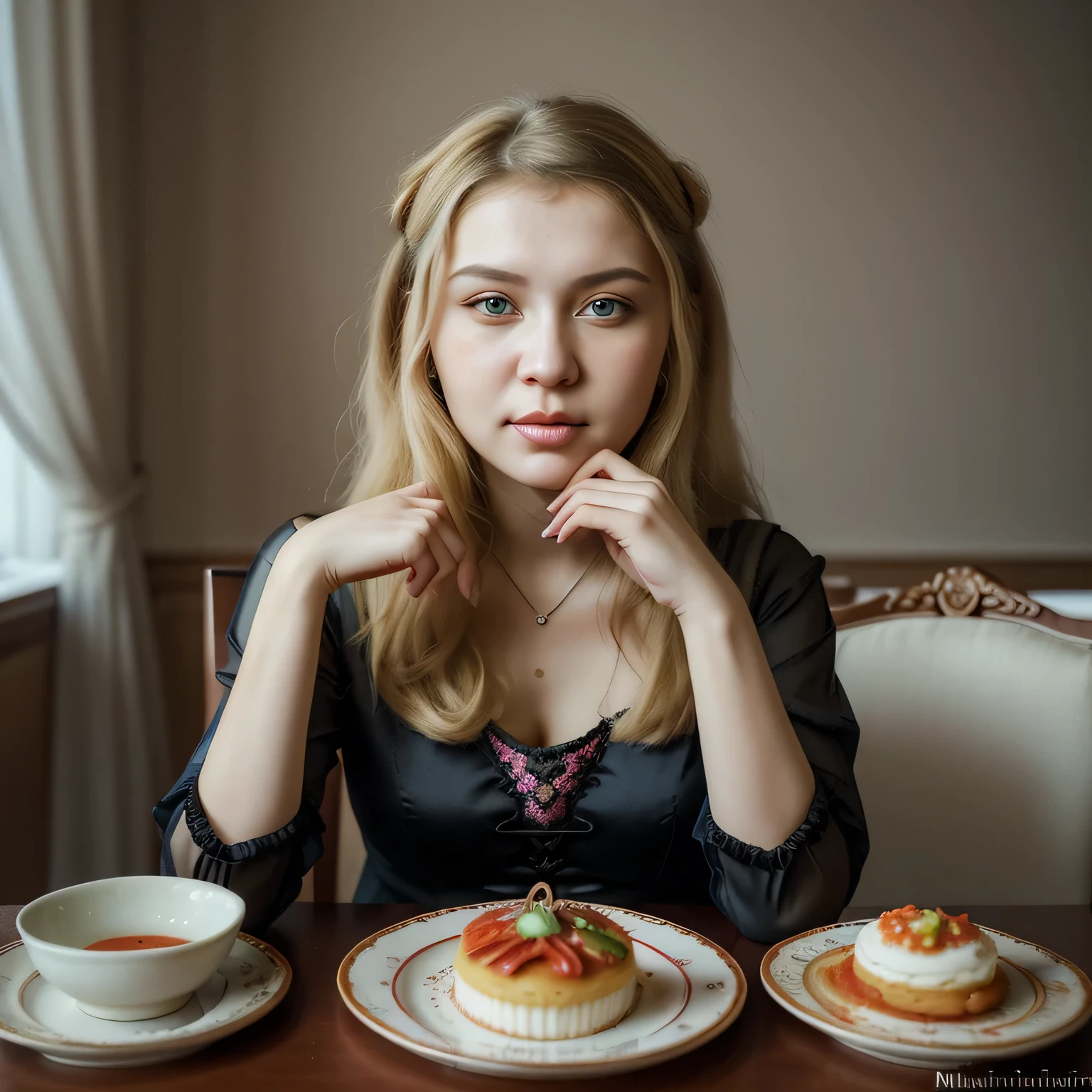 there is a woman sitting in a chair with a plate of food, a portrait by Maksimilijan Vanka, flickr, dau-al-set, anna nikonova, alina ivanchenko, marina federovna, moleksandra shchaslyva, ekaterina, anastasia ovchinnikova, angelina stroganova, yelena belova