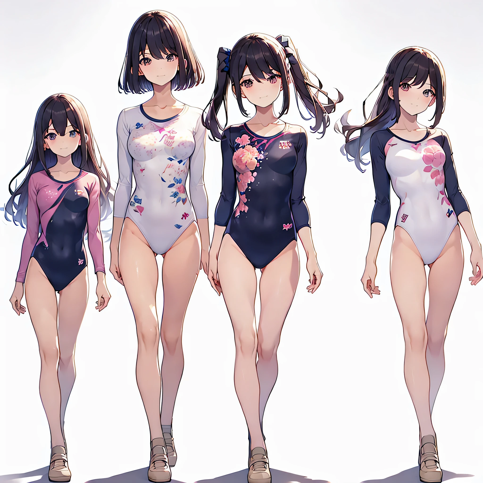 ((full body)),(masterpiece, best quality), (2 girls1.5) ,((Contrapposto:1.5)), looking at viewer, walking,((v_arms:1.2)), (wearing gymnastics_longsleeves_leotard_outfit leotard:1.3),(pink leotard) ,(floral print leotard:1.3),{{wearing gym suit:1.3 }}, BREAK masterpiece black hair, ((long hair:1.2)), ((parted bangs:1.3)), black eyes, good hand, ((small breasts)), (over 20 years old, under 25 years old:1.2), , spotlight, happy, smile, BREAK in the class room