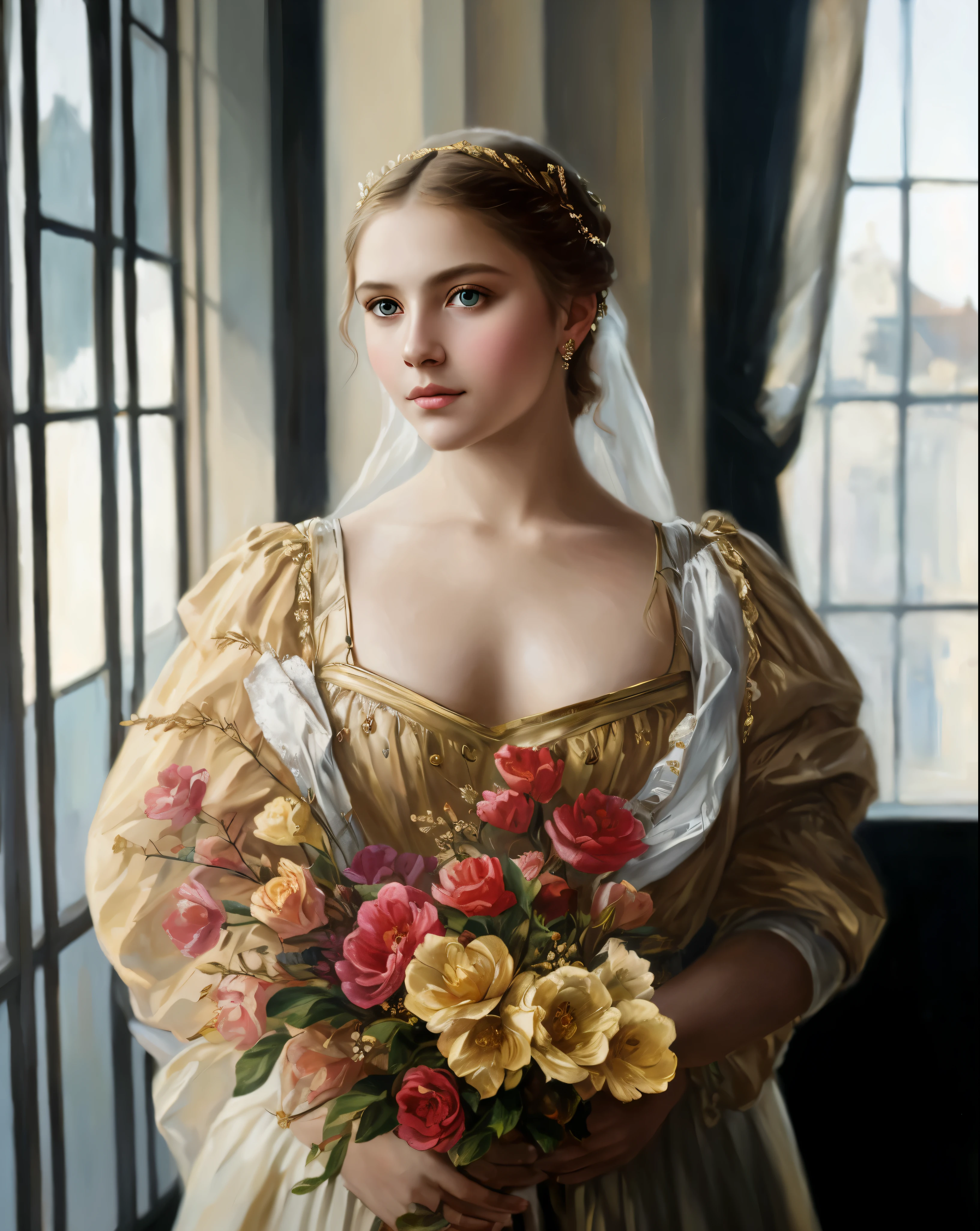 portrait, girl, middle ages, classicism, andrey atroshenko style, painting, pierced eyes, beautifully styled hair, traditional media, realistic, figurative, fine art, oil on canvas, HDR, 8K, original character, high resolution, high detail, focus on the face, beautiful eyes