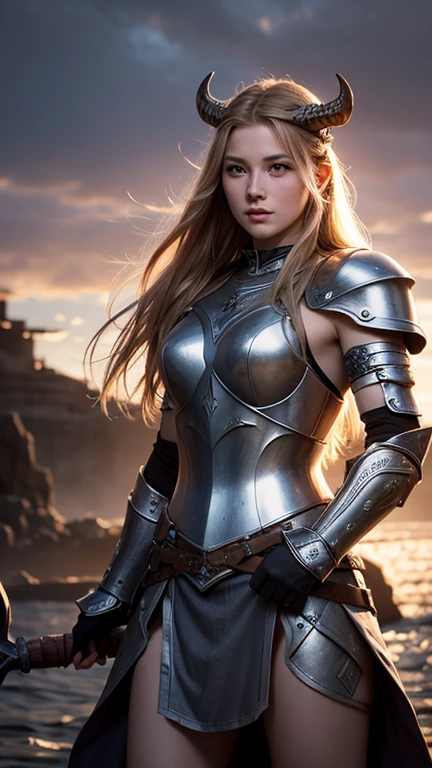 a beautiful young Viking goddess in metal armor standing on ancient Viking ship, medium long body shot, beautiful muscles, light soft, soft atmosphere and reduce background lighting