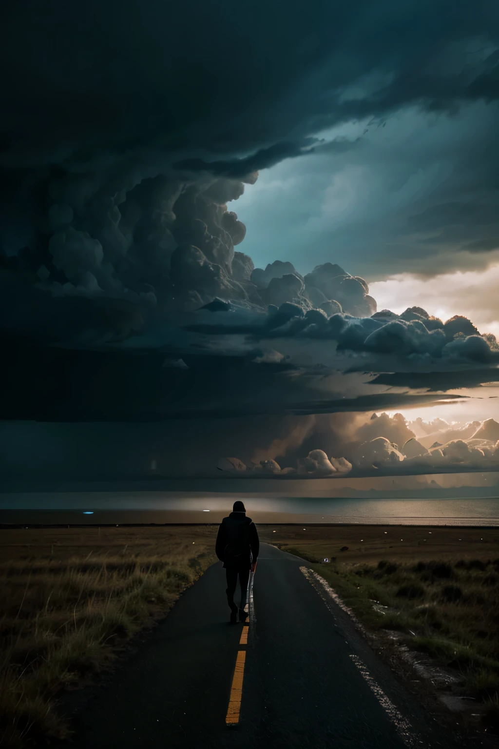 man walking to horizon, storm, cinematic photo, no face