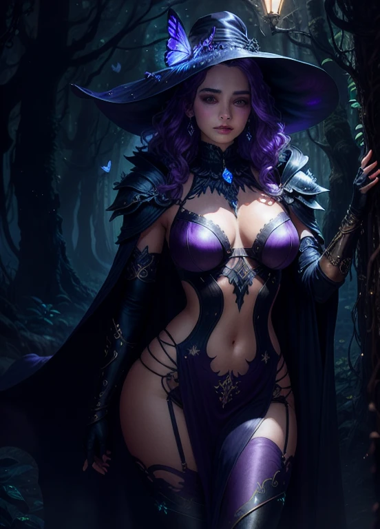 sexy full shot body photo of the most beautiful artwork in the world, illustration, cinematic light, fantasy, highres, highest quallity, ultra detailed, best quality, masterpiece, (detailed face), sexy mature woman wears a leather armor with pelvic curtain,purple hair, big butt, fullbody (transparent galaxy) cloths coat, floating cloth, choker, glowing (elder underworld fantasy) forest plants with neon details, open shoulders, tiny glowing butterfly, hair jewery, wearing a torn witch hat, (focus on body:1.25), night, small mutated animals in background, ,a potion on hip, shoulder pads emitting magic energy, dark, light reflection