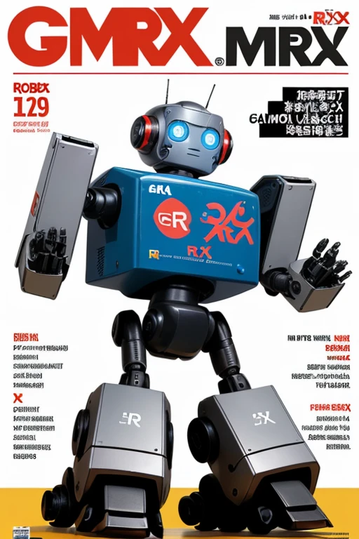 A tiny robot with (((GMRX))) words on the robot body and the robot is holding (((GAIMIN))) logo. The background is in a magazine cover.